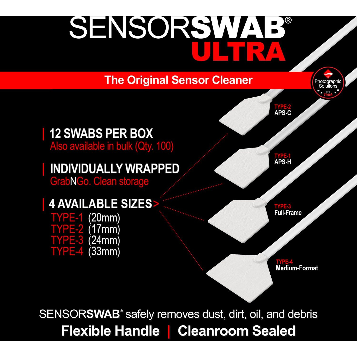 Photographic Solutions Sensor Swab Ultra 33Mm Type-4 Digital Imaging Sensor Cleaner Swabs For Cleaning Medium Format Mirrored Or Mirrorless Cameras. Sensor Dust & Oil Remover (Pack Of 12)
