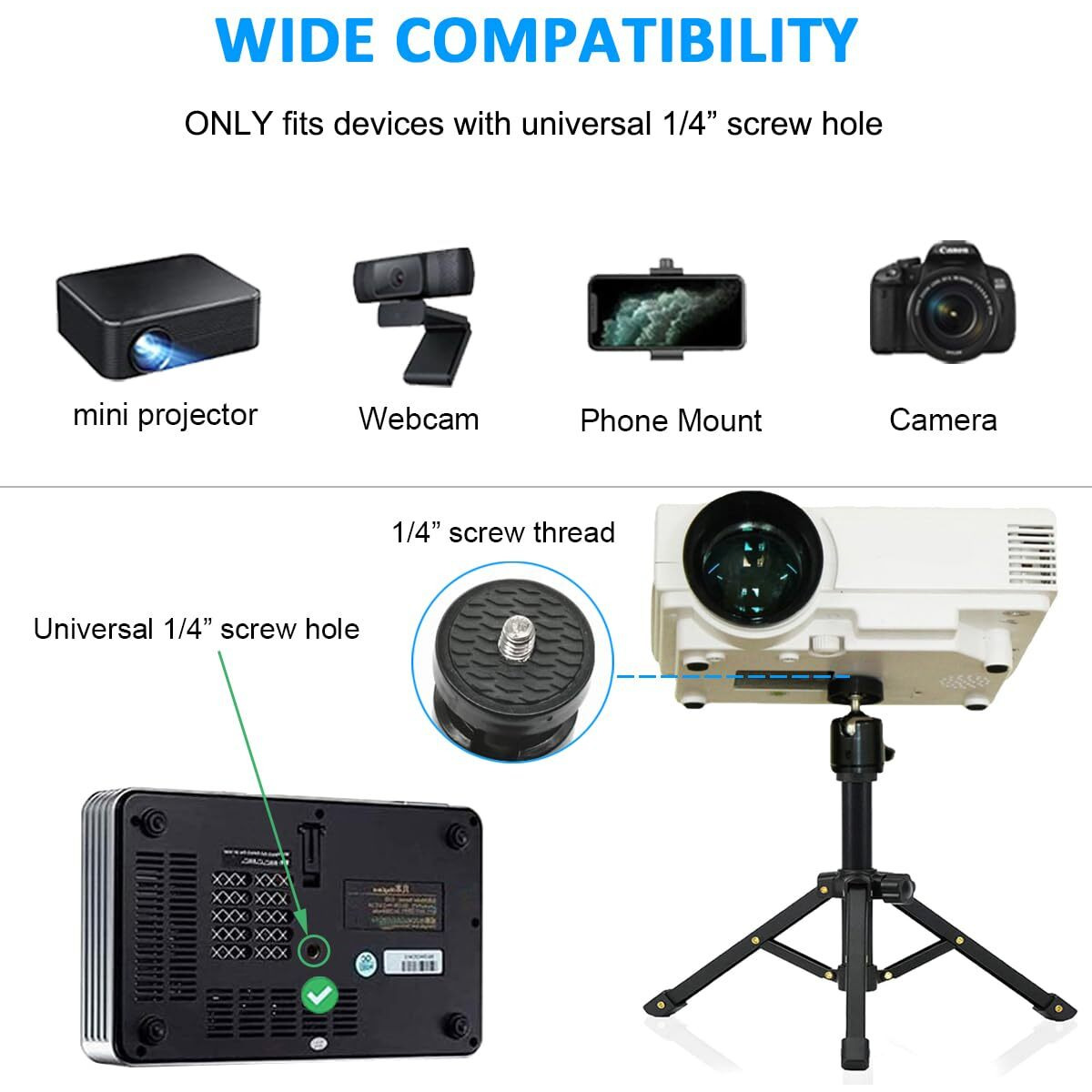 Jcwiny Mini Projector Stand  All Metal Mini Tripod Desktop Tabletop Stand Compact Desk Tripod For Mini Projector  Logitech Webcam  Iphone  Camera  Smooth 4  Osmo Mobile  Vimble 2