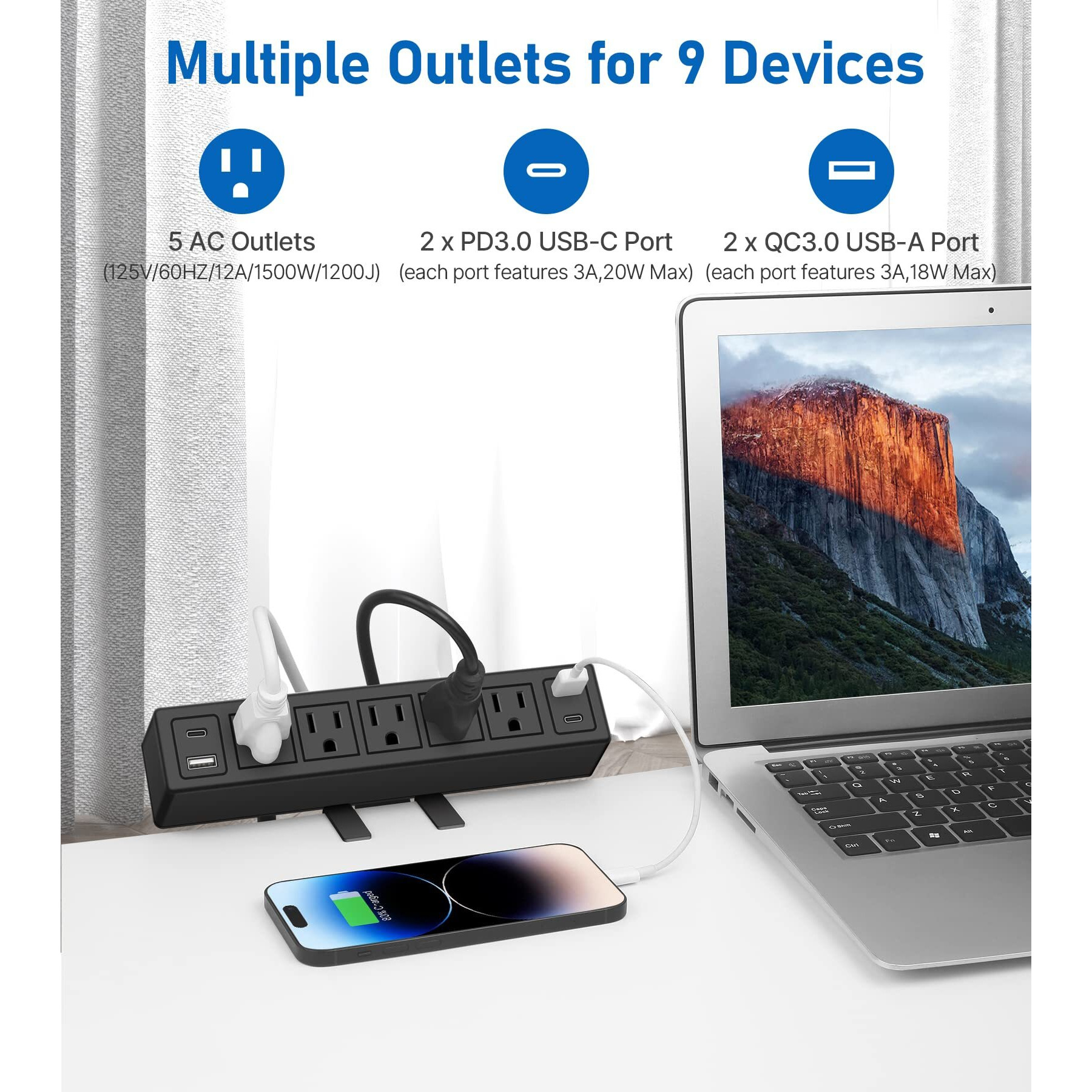 Desk Clamp Power Strip With Pd20W Usb-C Total 40W Fast Charging Desk Edge Power Strip Surge Protector 1200J Desk Mount Power Strip 5 Outlets 2 Usb-C 2 Usb-A 6Ft 45 Ultra Flat Plug Fit 1.65"" Tabletop