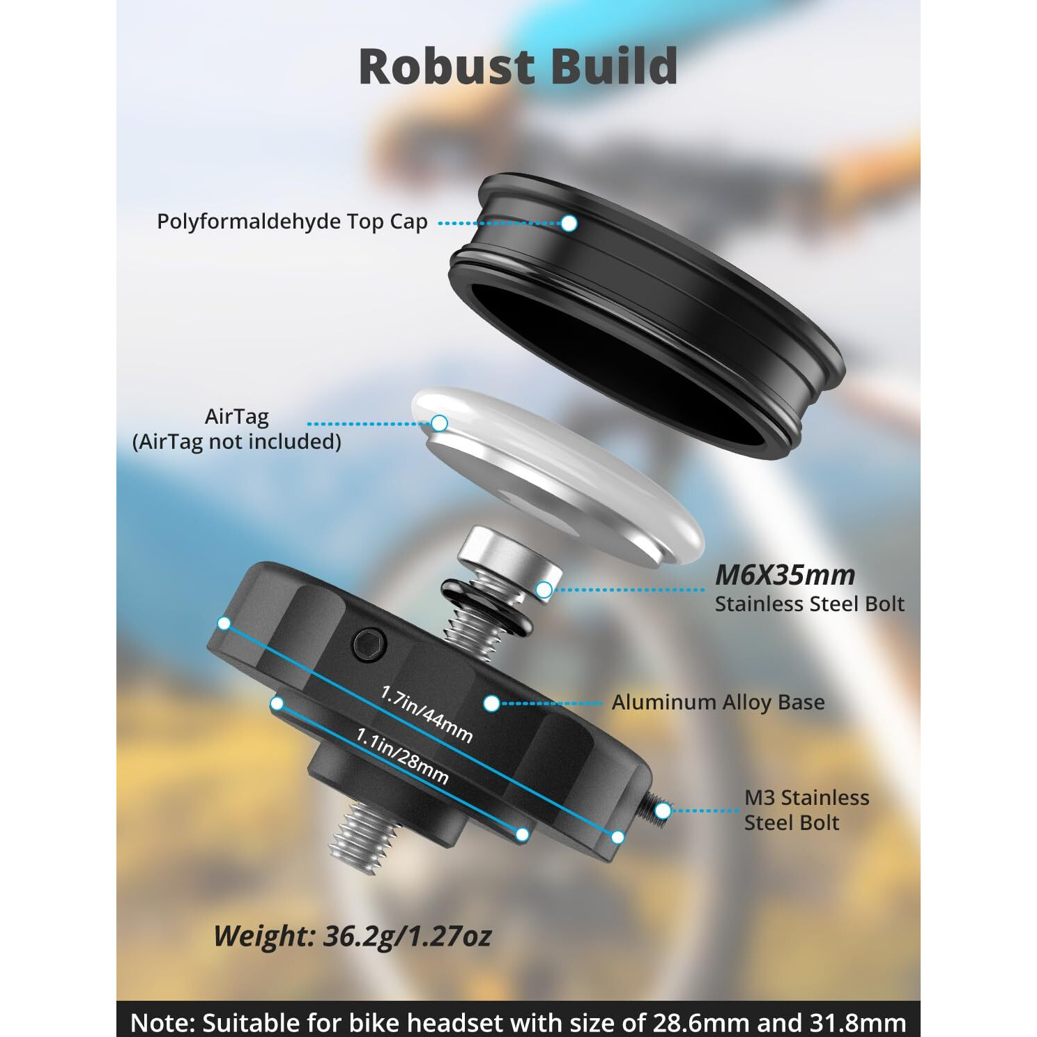 Supmega Airtag Bike Mount  Hidden Bicycle Stem Cap Mount For Airtag  Anti-Theft Bike Gps Tracker Accessory Waterproof Airtag Holder For Bicycles With Headset Cap Size Of 1-1/8"" & 1-1/4""