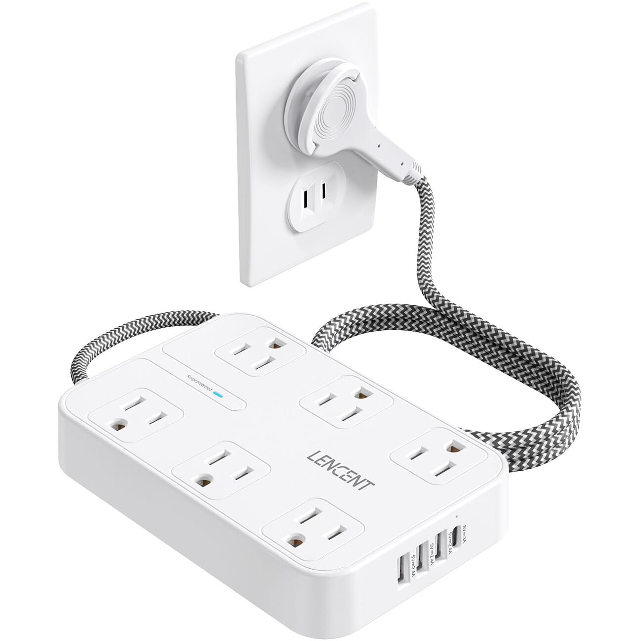 Lencent 2 Prong Power Strip  3 To 2 Prong Outlet Adapter  Two Prong Surge Protector  6Ft Braided Extension Cord With Thin Flat Polarized Plug  6 Ac&4 Usb(1 Type-C)  Wall Mount For Non-Grounded Outlet