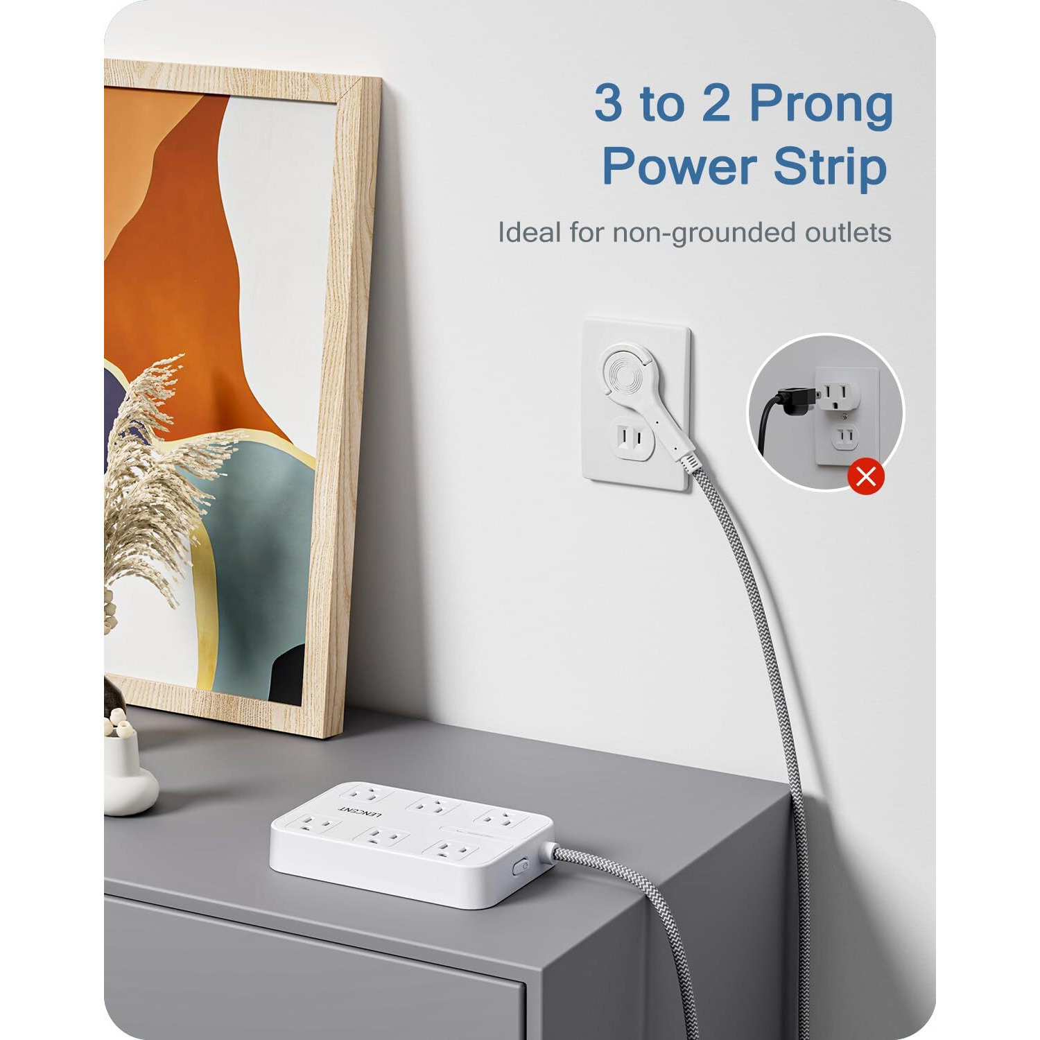 Lencent 2 Prong Power Strip  3 To 2 Prong Outlet Adapter  Two Prong Surge Protector  6Ft Braided Extension Cord With Thin Flat Polarized Plug  6 Ac&4 Usb(1 Type-C)  Wall Mount For Non-Grounded Outlet
