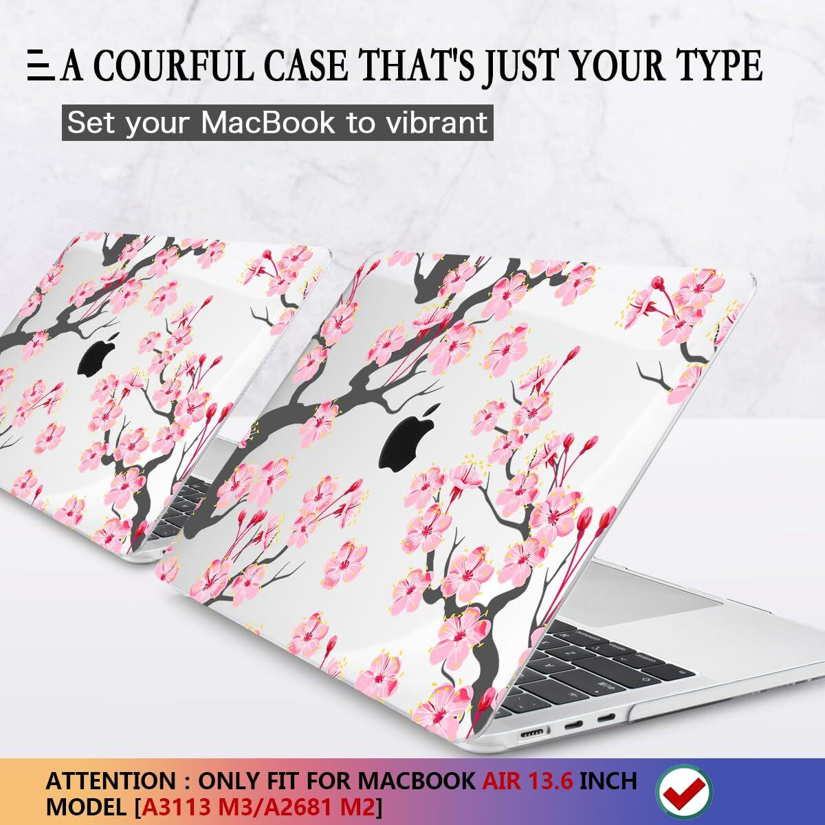 Cissook Compatible With Macbook Air 13.6 Inch Case Cherry Blossoms A2681 M2 2022 / A3113 M3 2024 Release  Hard Shell Case With Keyboard Cover For Macbook Air 13.6 With Touch Id- Cherry Blossoms