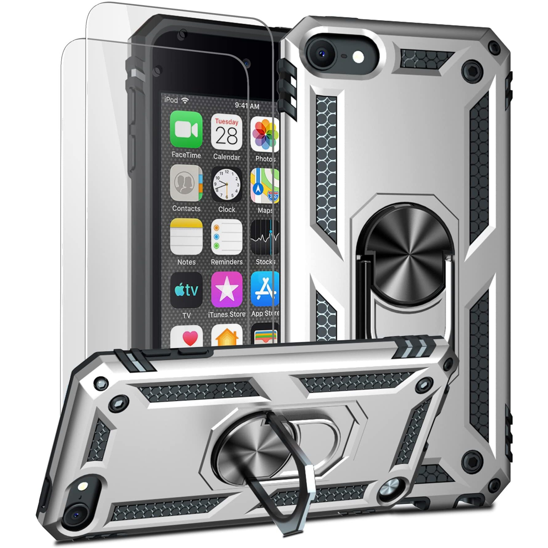 Ulak Compatible With Ipod Touch 7 Case/Ipod Touch 6 Case With 2 Hd Screen Protectors  Hybrid Rugged Shockproof Cover With Built-In Kickstand For Ipod Touch 7Th/6Th/5Th Generation (Silver)