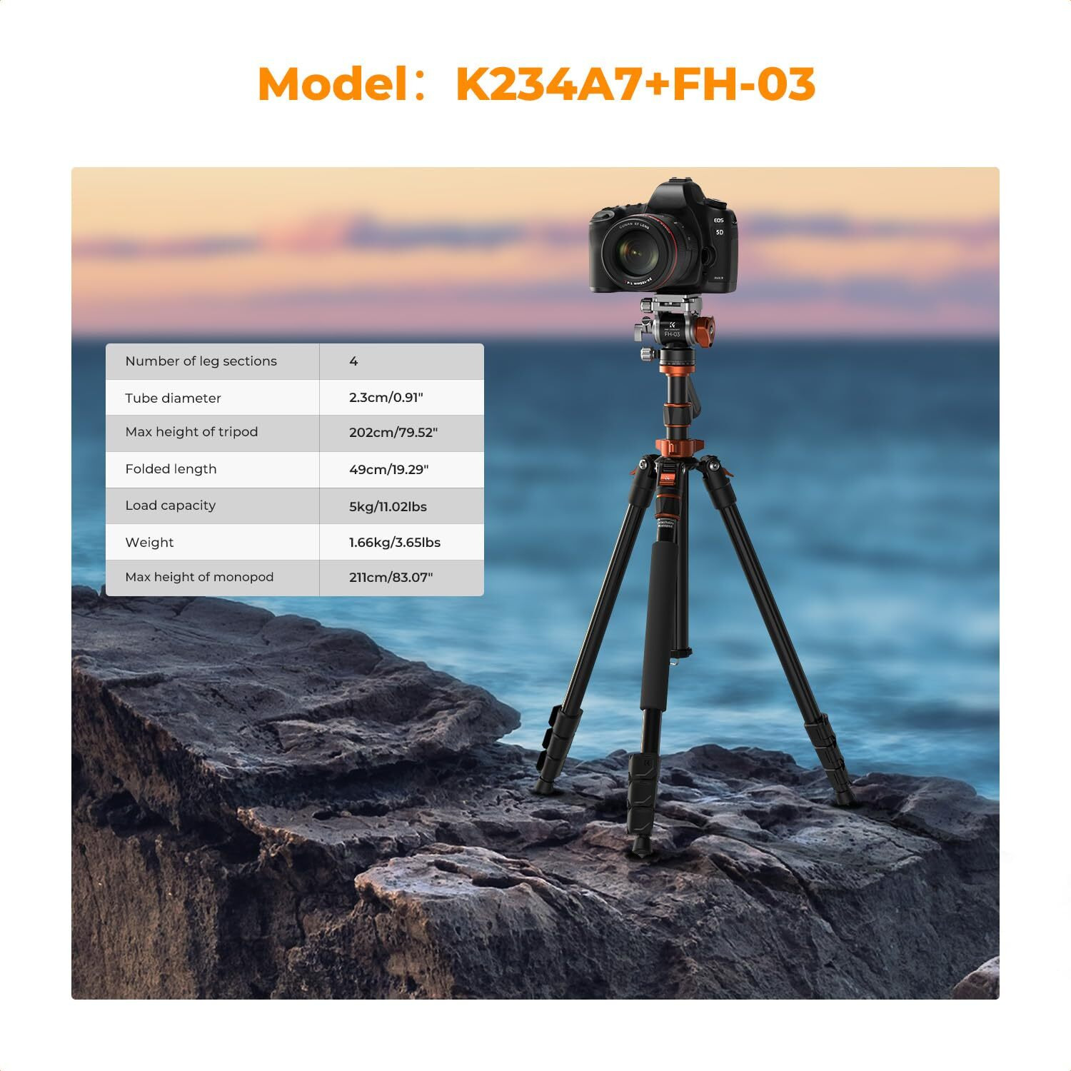 K&F Concept 83 Inch/211Cm Camera Video Tripod For Dslr Compact Aluminum Tripod With Fluid Head And 5Kg Load For Travel And Work K234A7+Fh-03