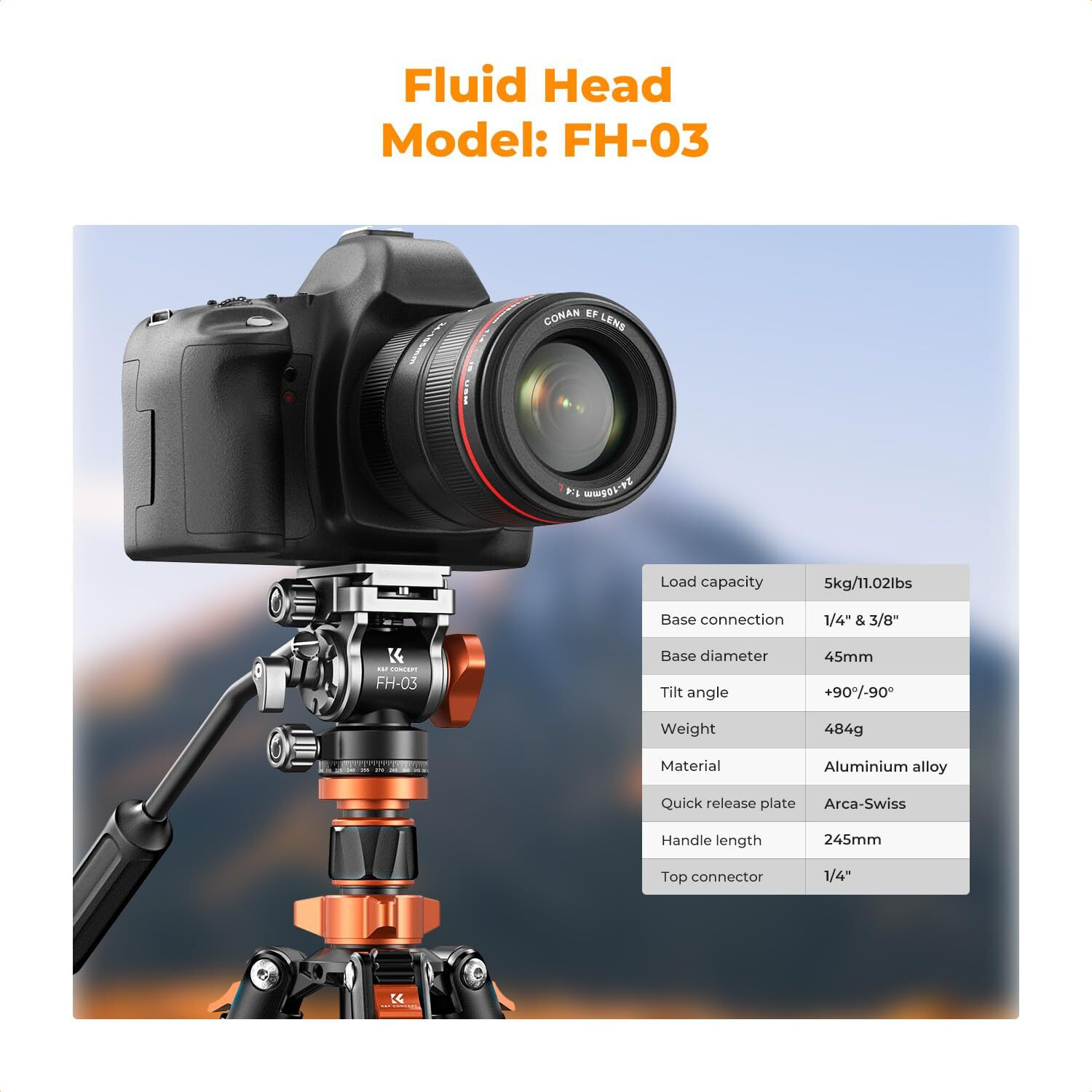 K&F Concept 83 Inch/211Cm Camera Video Tripod For Dslr Compact Aluminum Tripod With Fluid Head And 5Kg Load For Travel And Work K234A7+Fh-03