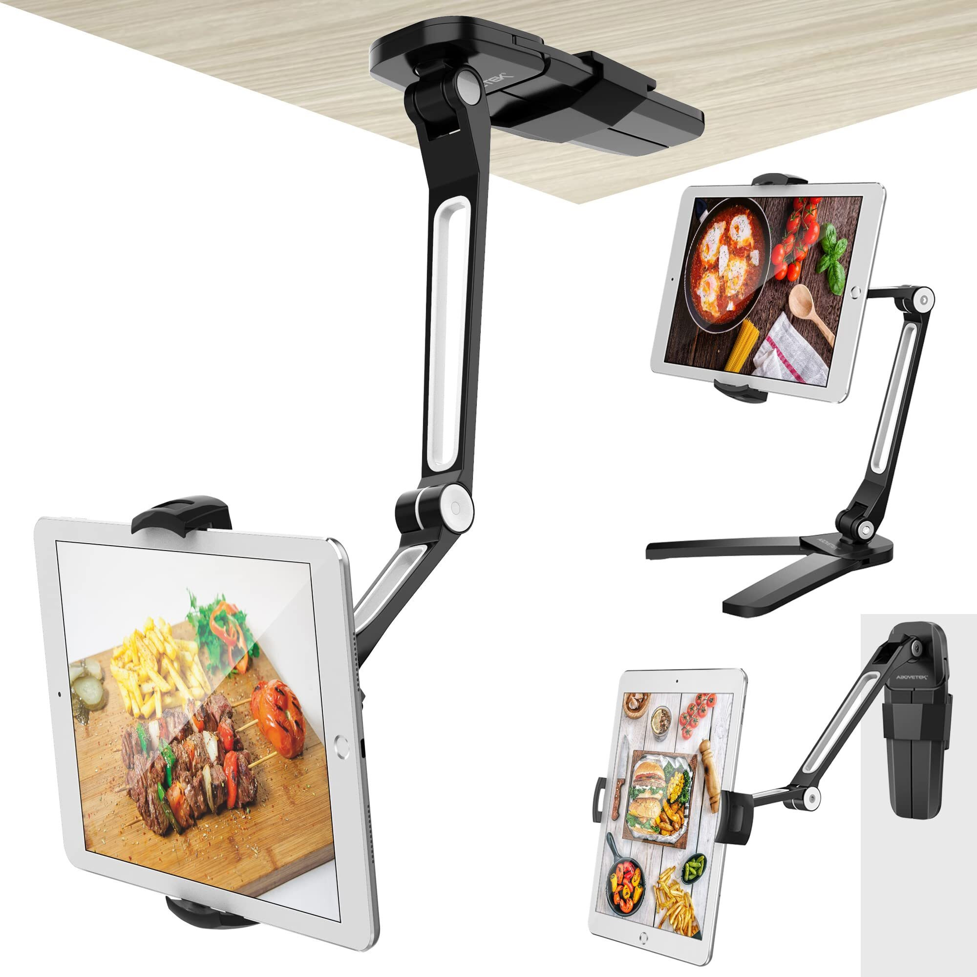Abovetek Ipad Wall Mount  3 In 1 Highflex 360 Under Cabinet Ipad Mount For Kitchen  Tablet Celling Under Counter Holder  Kitchen Ipad Stands Fits 4.7"" To 13.5"" Ipad  Mini  Air  Surface Pro - Black