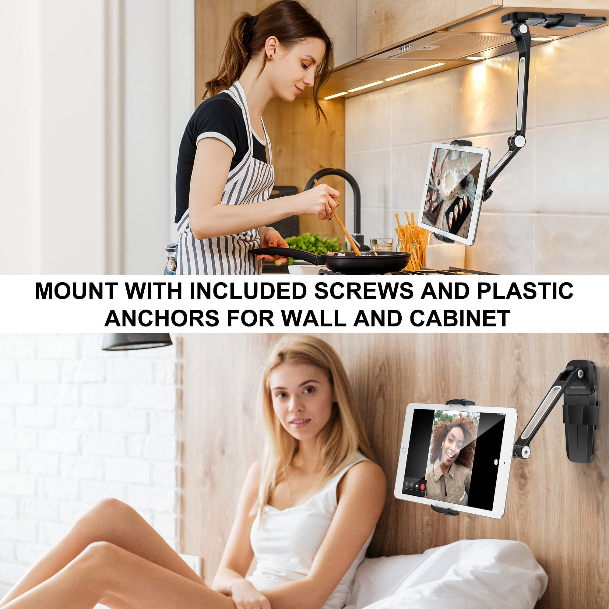 Abovetek Ipad Wall Mount  3 In 1 Highflex 360 Under Cabinet Ipad Mount For Kitchen  Tablet Celling Under Counter Holder  Kitchen Ipad Stands Fits 4.7"" To 13.5"" Ipad  Mini  Air  Surface Pro - Black
