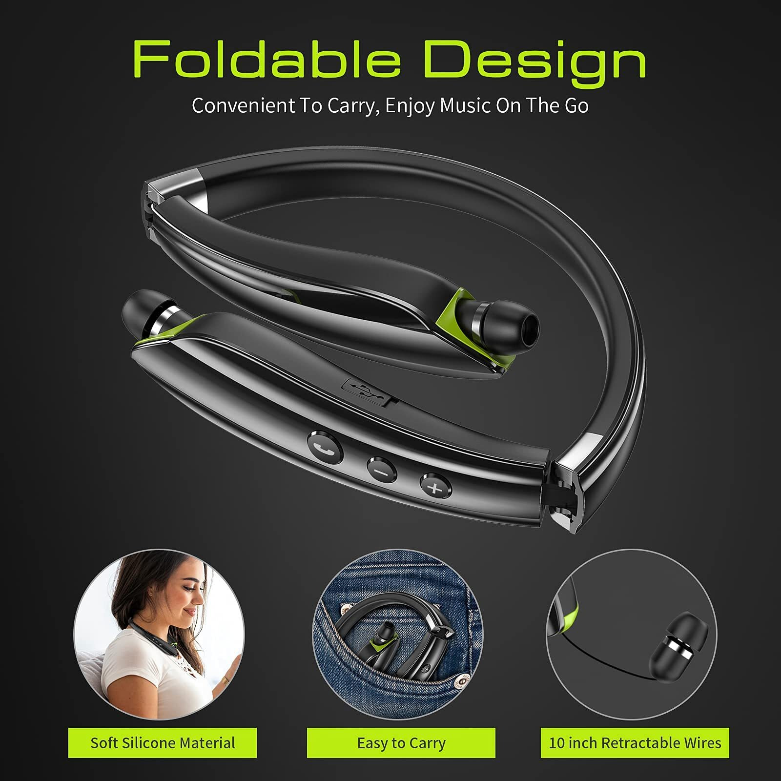Bluetooth Headset  2024 Upgraded Neckband Bluetooth Headphones With Retractable Earbuds  Noise Cancelling Stereo Earphones With Mic  Foldable Wireless Headphones For Sports Office With Carry Case