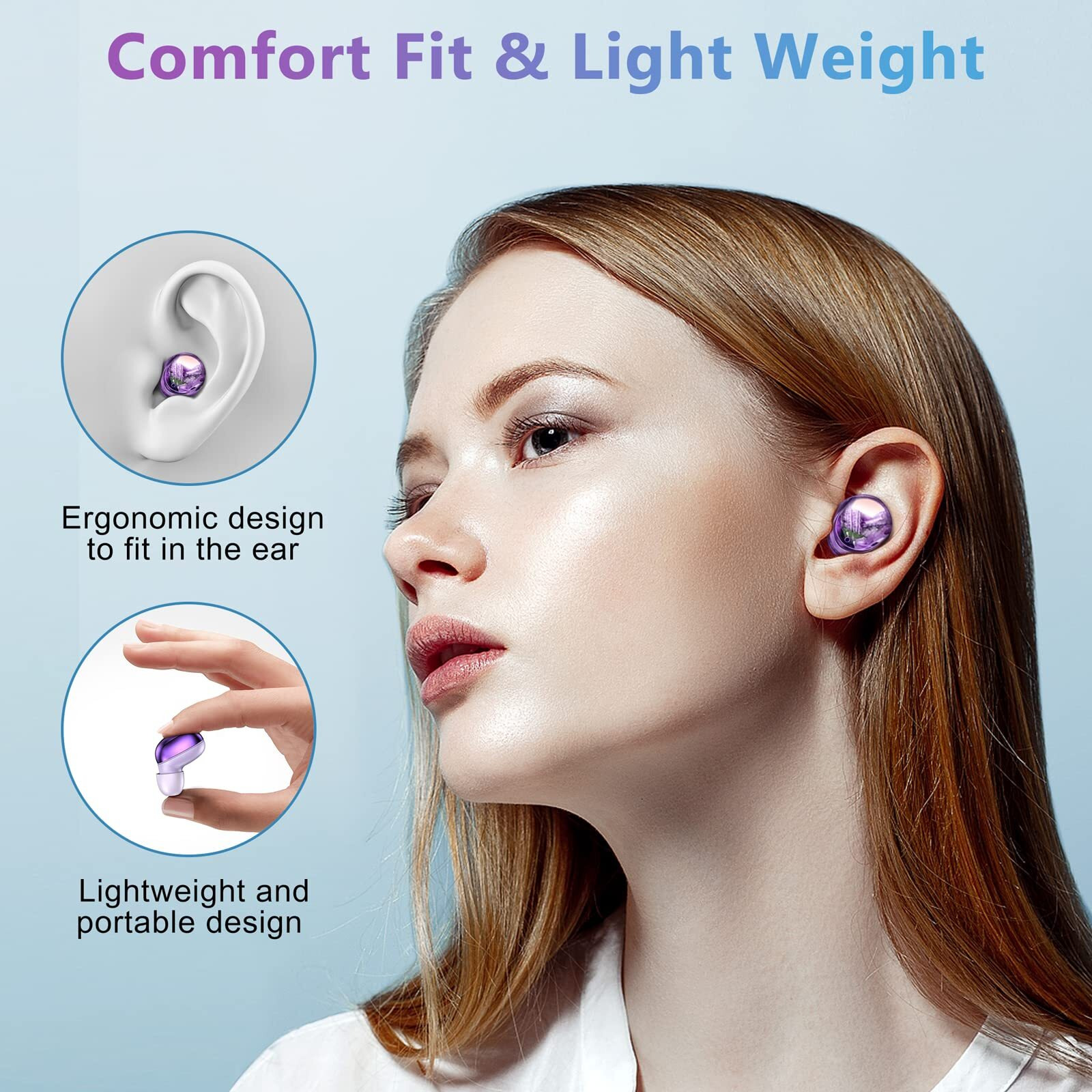 Eloven Wireless Earbuds Deep Bass Stereo Sound Bluetooth Earbuds 120H True Wireless Headphones With Ear Caps (S/M/L) For Samsung S23/S22/S21 Ultra Z Flip 5/4/3/Fold 5/4/3 A53 Iphone 15/14/13 Purple