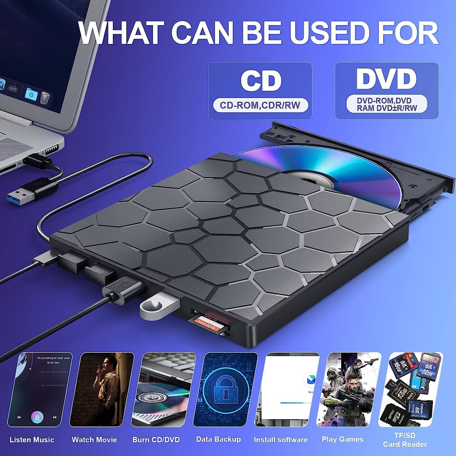 External Cd/Dvd Drive For Laptop  Dvd Player For Laptop With Carrying Case  8 In 1 Usb 3.0 Ultra-Slim Portable  Cd Burner External Optical Compatible With Laptop Desktop Mac Windows 11/10/8/7