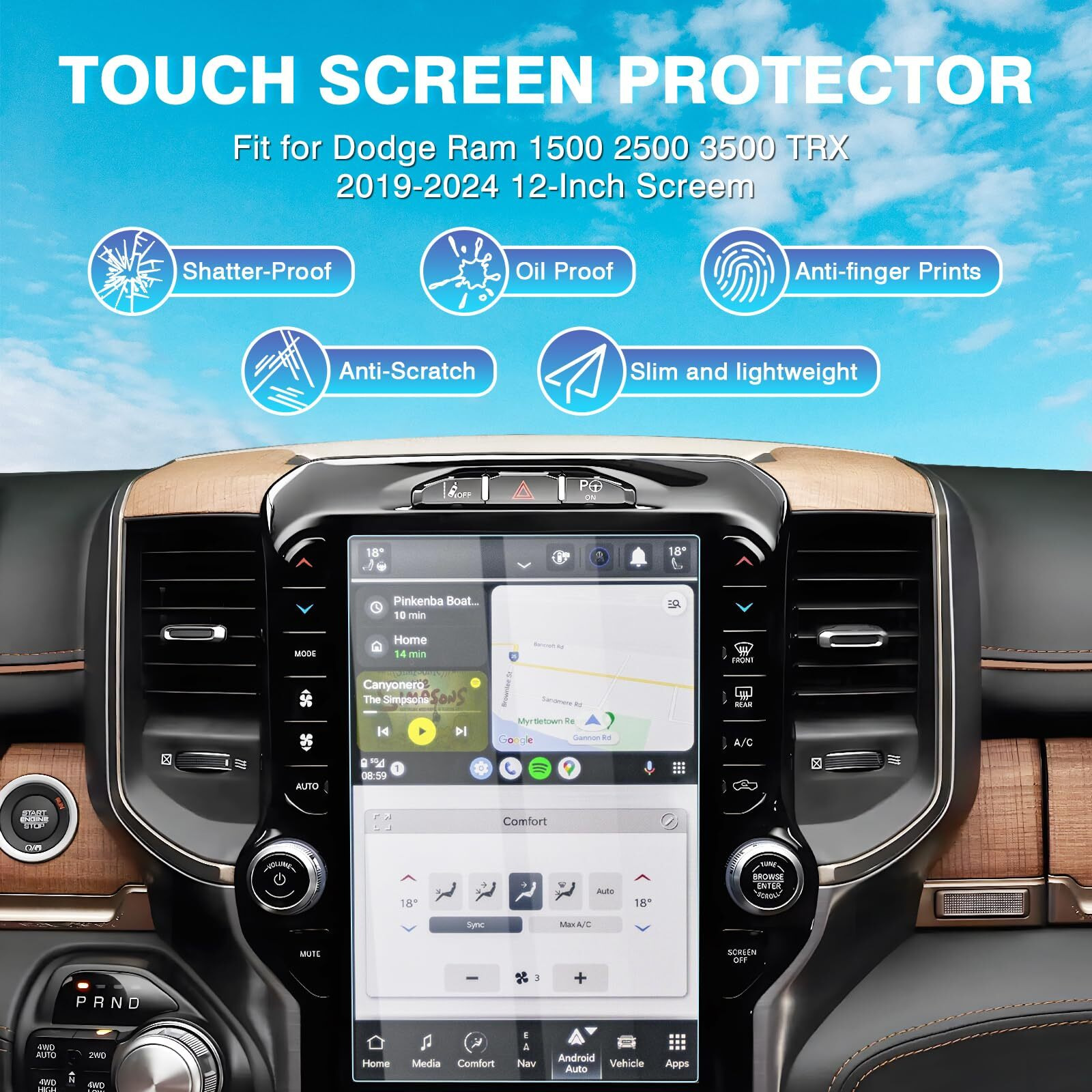 Karltys 2 Pack 12-Inch Ram Tempered Glass Screen Protector For Dodge Ram Accessories 2019-2024 2025 Ram 1500 2500 3500 Trx Rebel Laramie Limited Uconnect Touchscreen Cover Anti Glare Anti Scratch