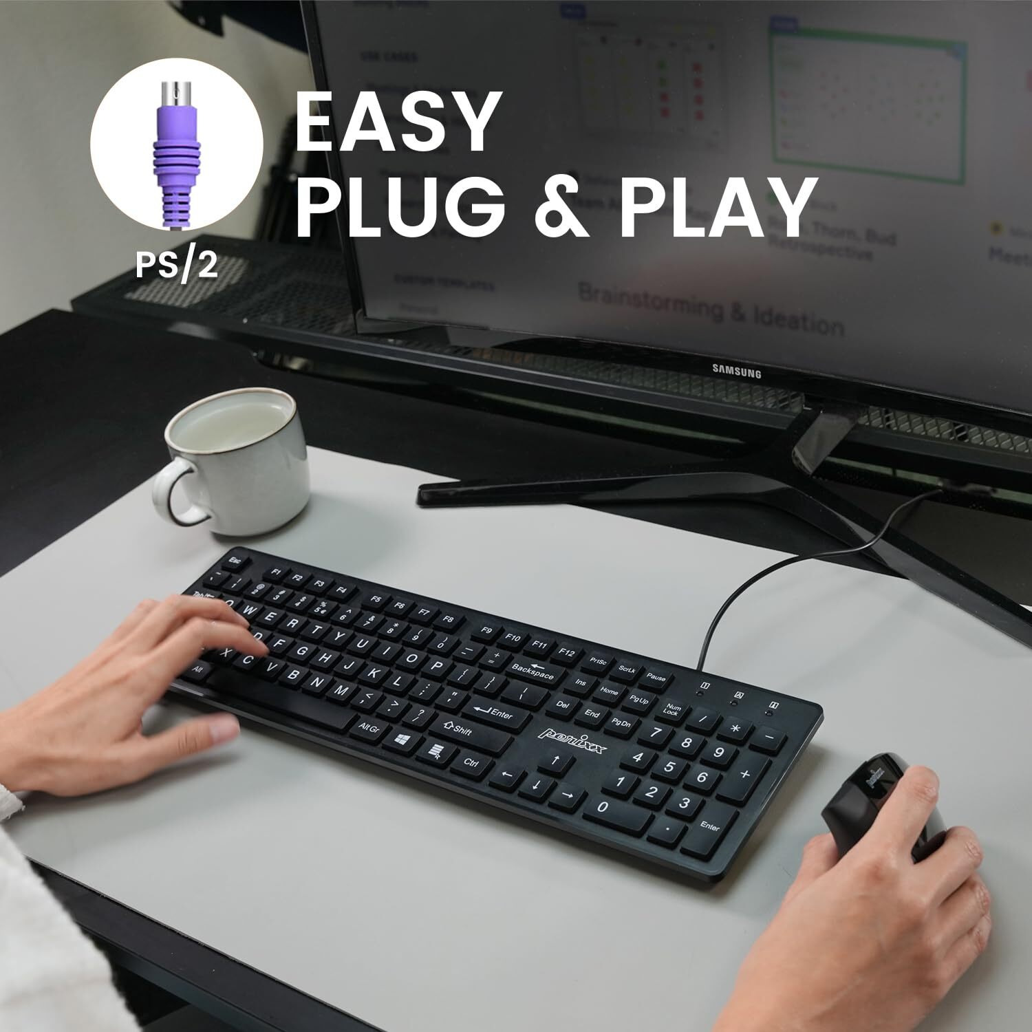 Perixx Periboard-117P Wired Ps2 Full Size Keyboard - Big Print Letters - Black - Us English