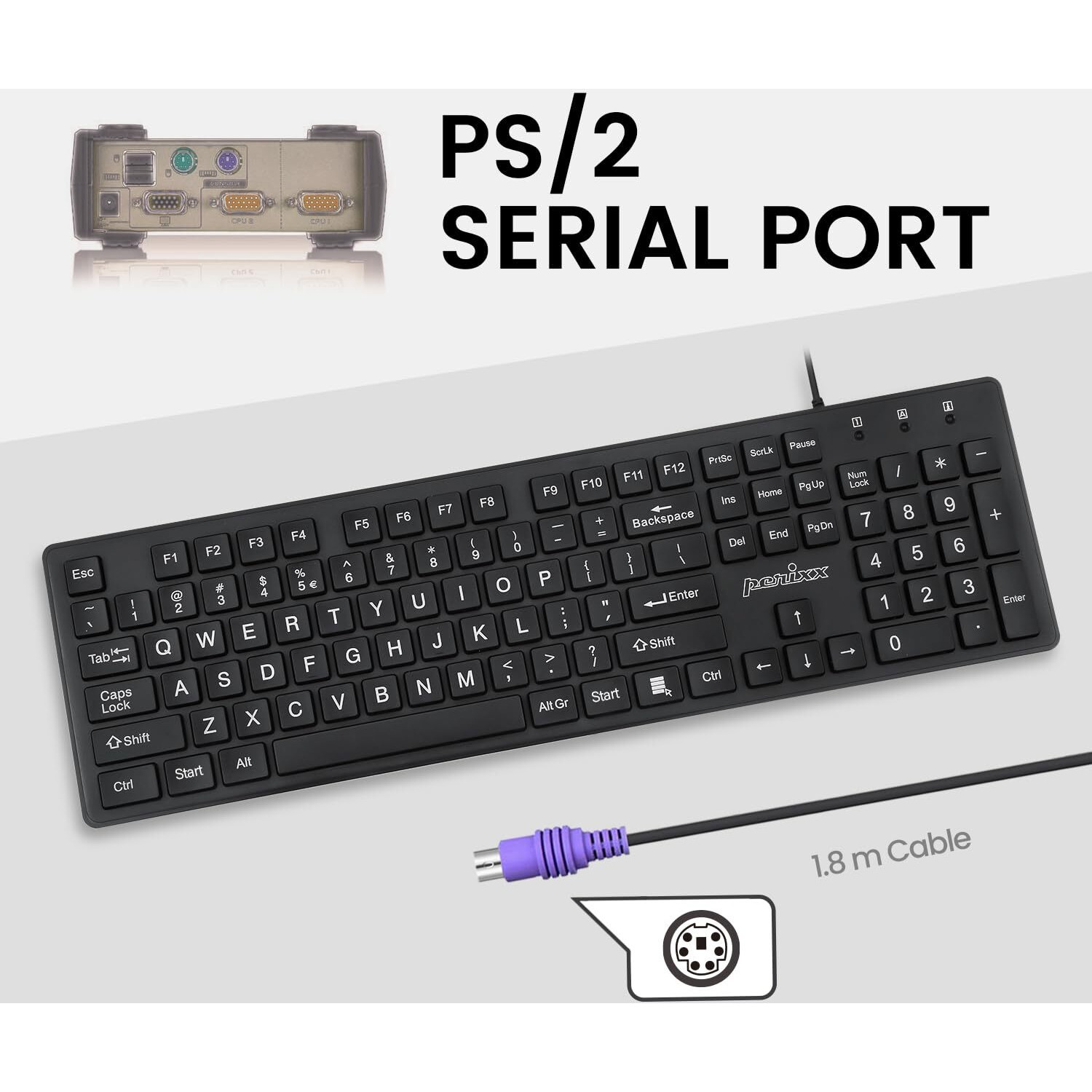 Perixx Periboard-117P Wired Ps2 Full Size Keyboard - Big Print Letters - Black - Us English