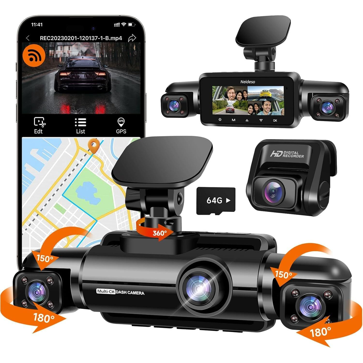 Neideso 360 Dash Cam Front And Rear Inside  4 Channel Fhd 4 * 1080P  Wi-Fi Gps Voice Control Car Camera  Front 2K+1080P*2 Dash Camera For Cars  With 64Gb Sd Card  Night Vision  24H Parking Mode(N300)