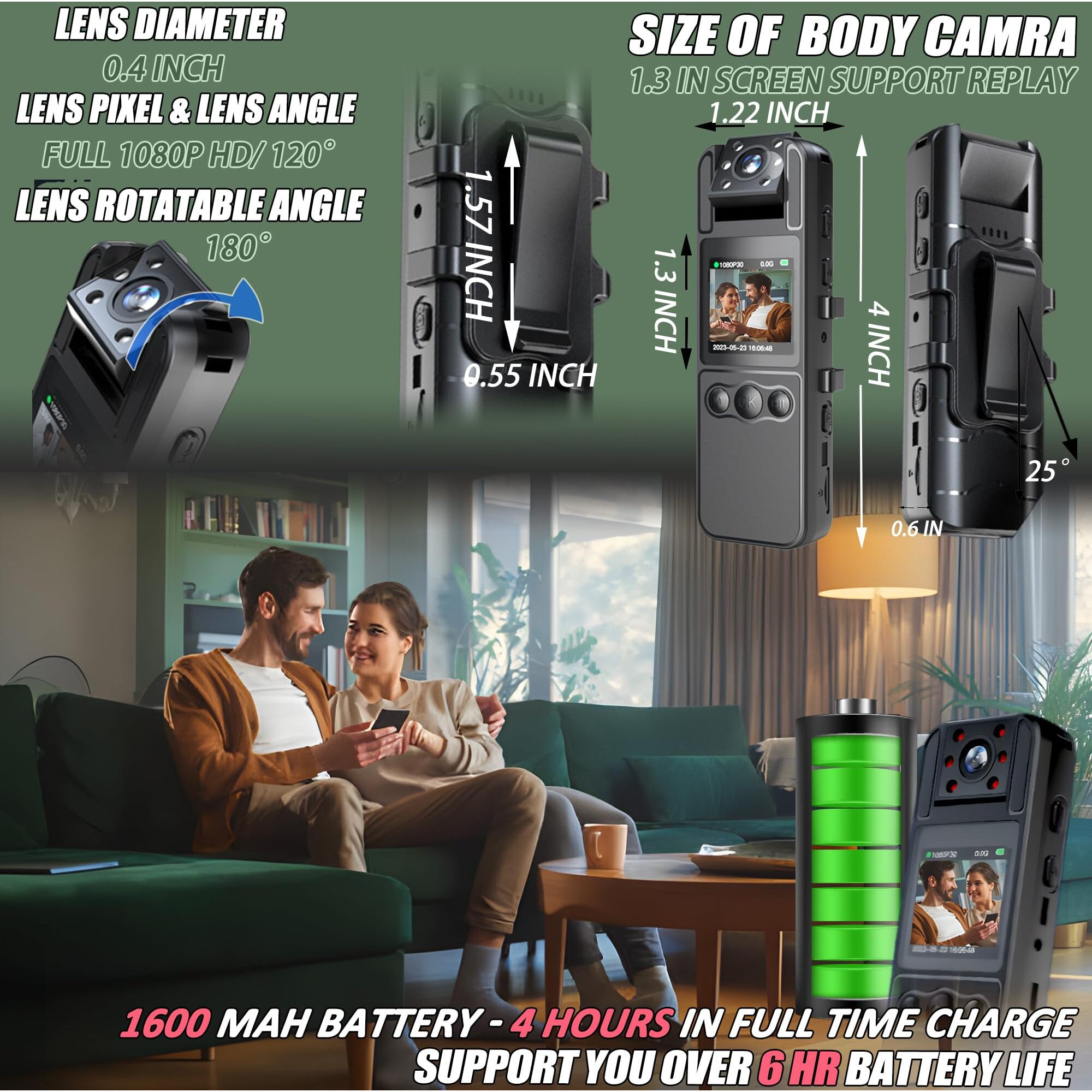 Body Camera With Audio And Video Recording  Hd 1080P Body Cam With 180 Rotating Lens  6Hr Battery  Ir Cut Auto Night Vision  128Gb Body Worn Camcorder  For Personal Civilians  Police Law Enforcement