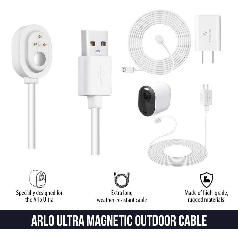 16Ft/4.8M Weatherproof Outdoor Charging Cable With Quick Charge Adapter Compatible With Arlo Ultra/Ultra 2/Pro 3/Pro 4/Pro 5S (2 Pack  White) (Not Compatible With Arlo Essential Spotlight)