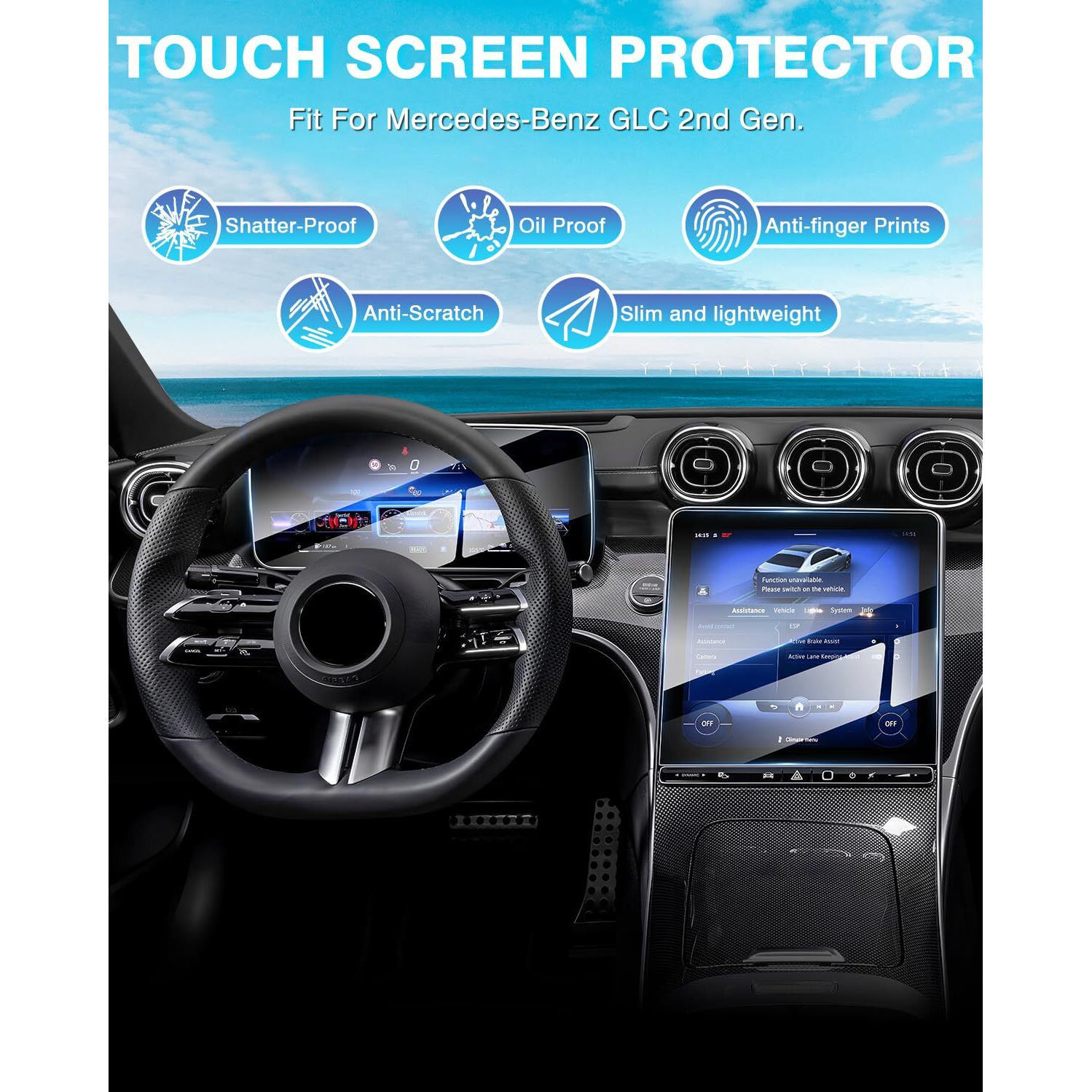 Karltys 2 Pack Tempered Glass Screen Protector For 2023 2024 Mercedes Benz Glc 300/22-24 W206 C300 Accessories  11.9 Inch Touch Screen & 12.3 Inch Instrument Cluster Screen Cover  Anti Fingerprint