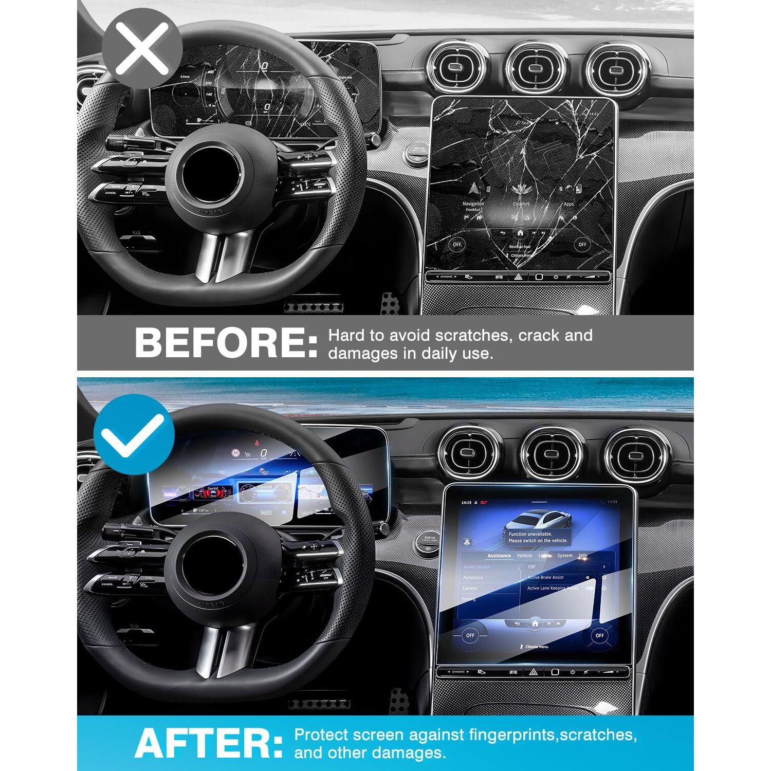 Karltys 2 Pack Tempered Glass Screen Protector For 2023 2024 Mercedes Benz Glc 300/22-24 W206 C300 Accessories  11.9 Inch Touch Screen & 12.3 Inch Instrument Cluster Screen Cover  Anti Fingerprint