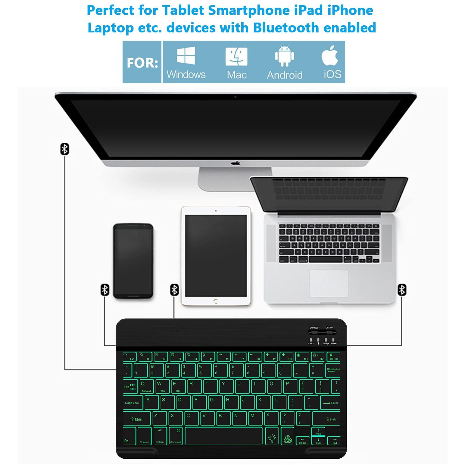 Backlit Bluetooth Keyboard Small Portable External Wireless Keyboard Cordless Rechargeable Illuminated For Android Tablet Cell Phone Smartphone Ipad Pro Air Mini Iphone Windows Surface (Black)