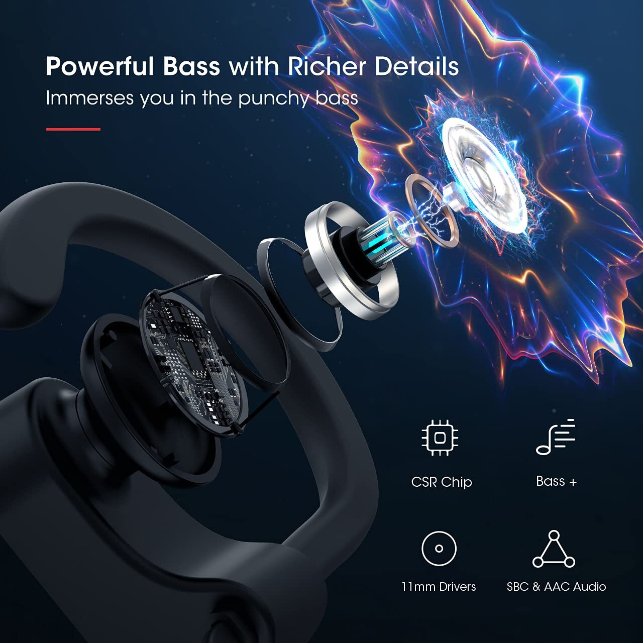 Redzoo Bluetooth Headphones V5.0 Running Headphones W/16 Hrs Playtime  Bass+ Hd Stereo Wireless Sports Earphones W/Ipx7 Waterproof Earbuds In Ear For Workout  Gym W/Cvc6.0 Noise Cancelling Mic Black