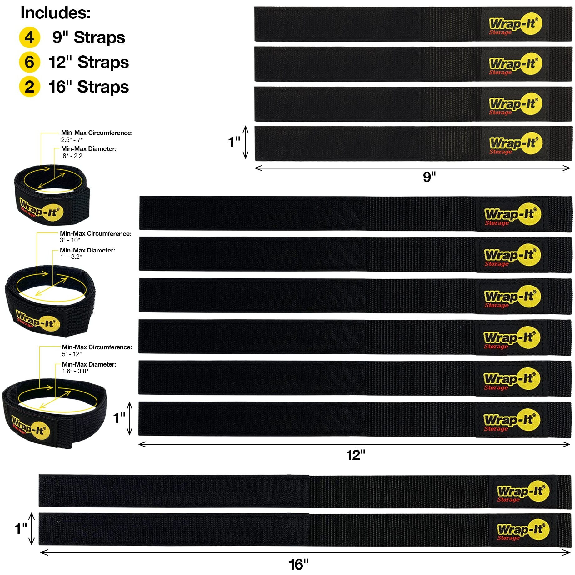 Quick-Straps By Wrap-It Storage - Assorted 12-Pack (Black) - Hook And Loop Hose And Cable Organizers