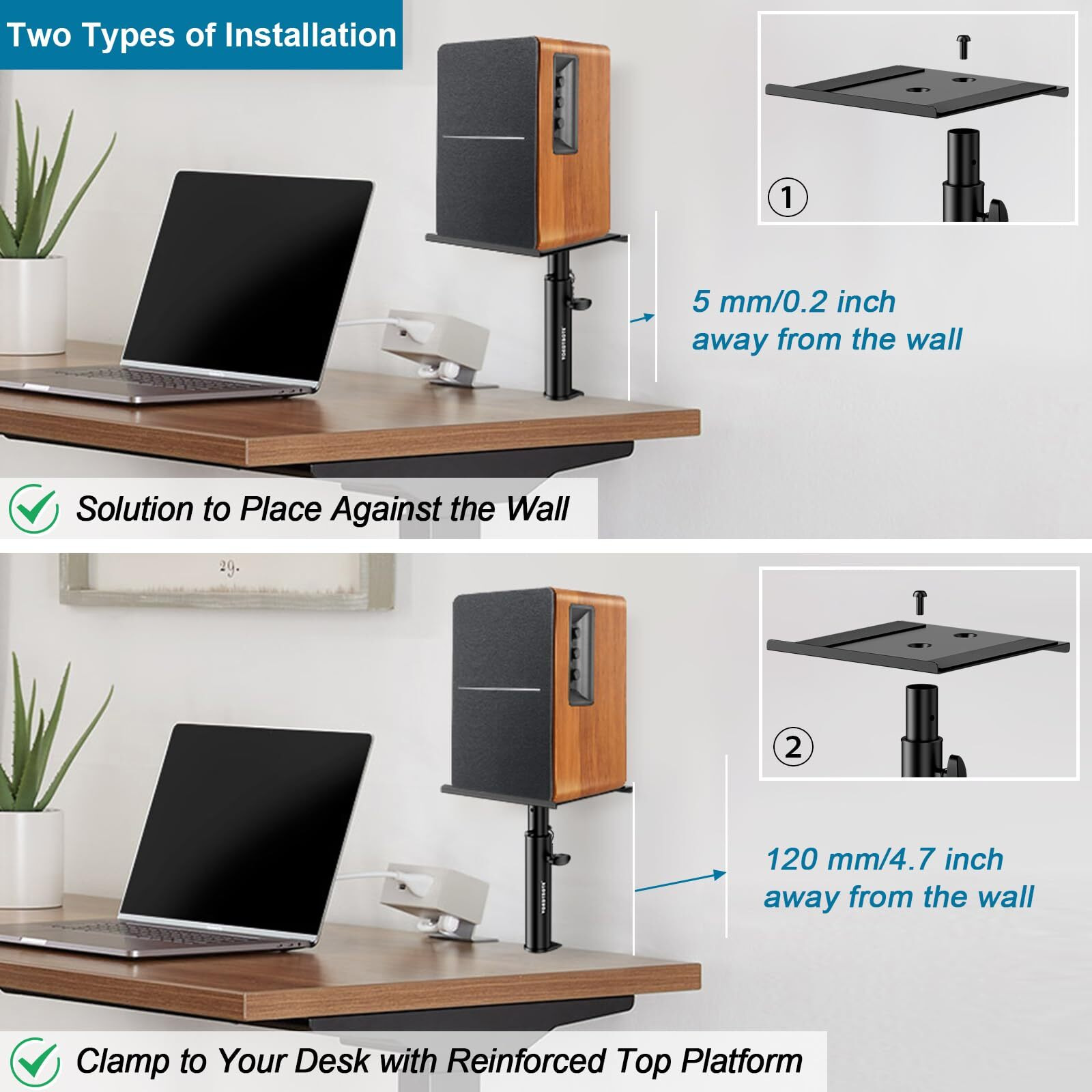 Vondynote Set Of 2 Studio Monitor Stands Desktop Clamp Speaker Stands Against The Wall