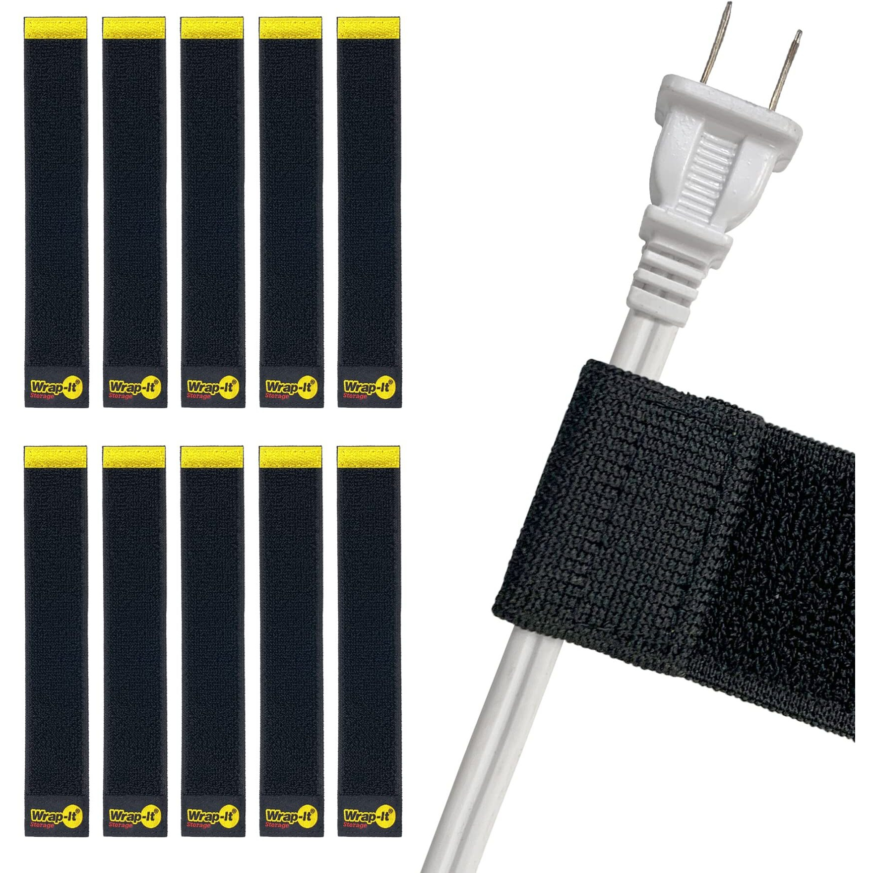Selfie Straps By Wrap-It Storage  9-Inch (10-Pack)  Black - Stretchy Hook And Loop Cord Organizer That Stays Attached To Cord For Electrical Cable Management And Organization