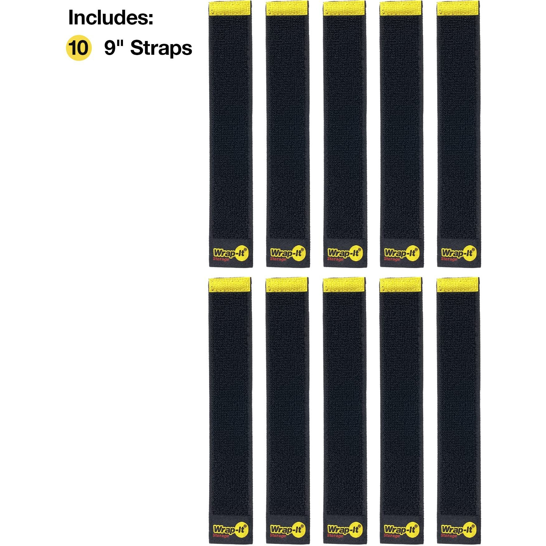 Selfie Straps By Wrap-It Storage  9-Inch (10-Pack)  Black - Stretchy Hook And Loop Cord Organizer That Stays Attached To Cord For Electrical Cable Management And Organization