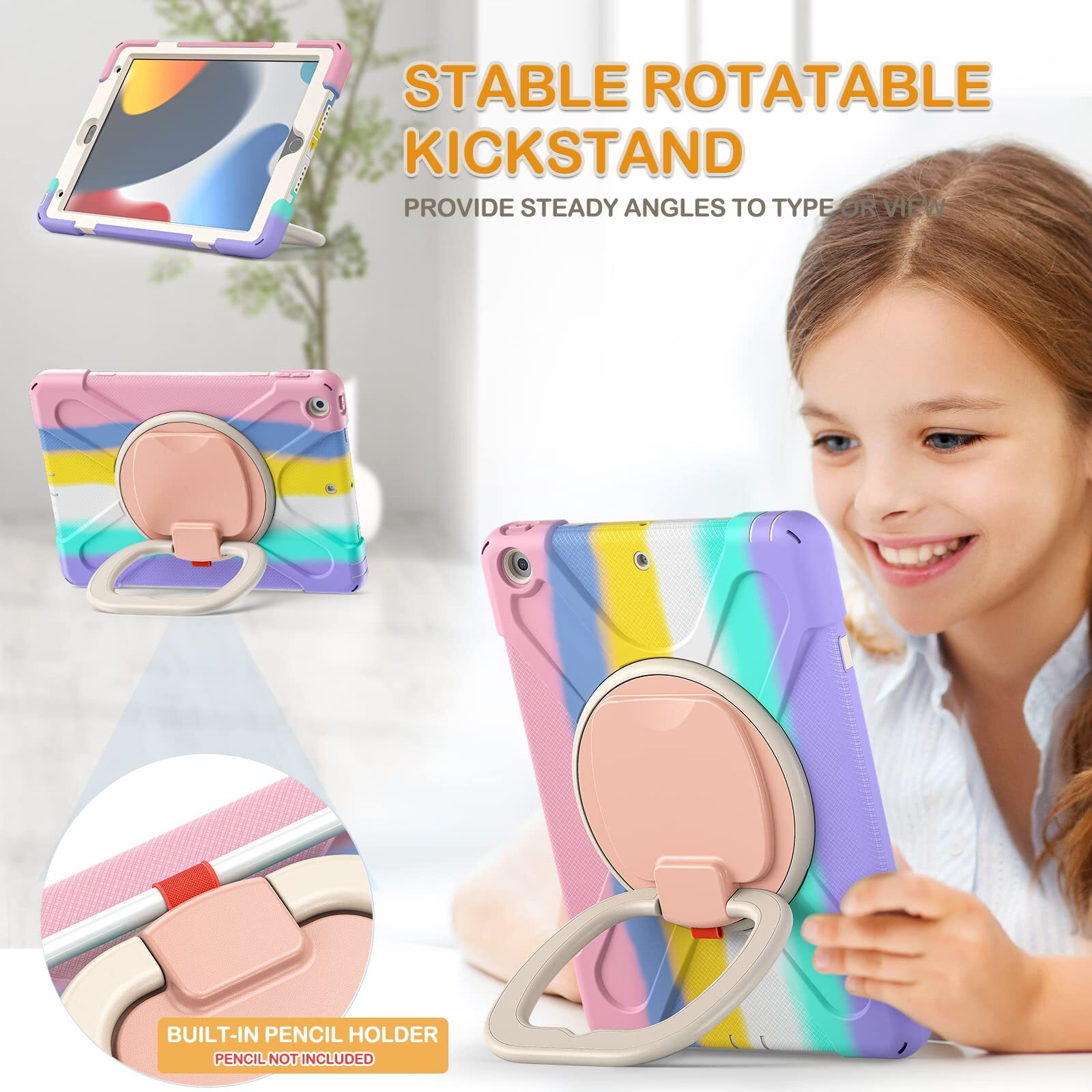 Braecn Case For Ipad 10.2  2021 Ipad 9Th Generation  Shockproof Protective Silicone Cover With Pencil Holder &Rotating Handle Grip &Shoulder Strap For Ipad 9Th/8Th/7Th Generation  Colourful Pink