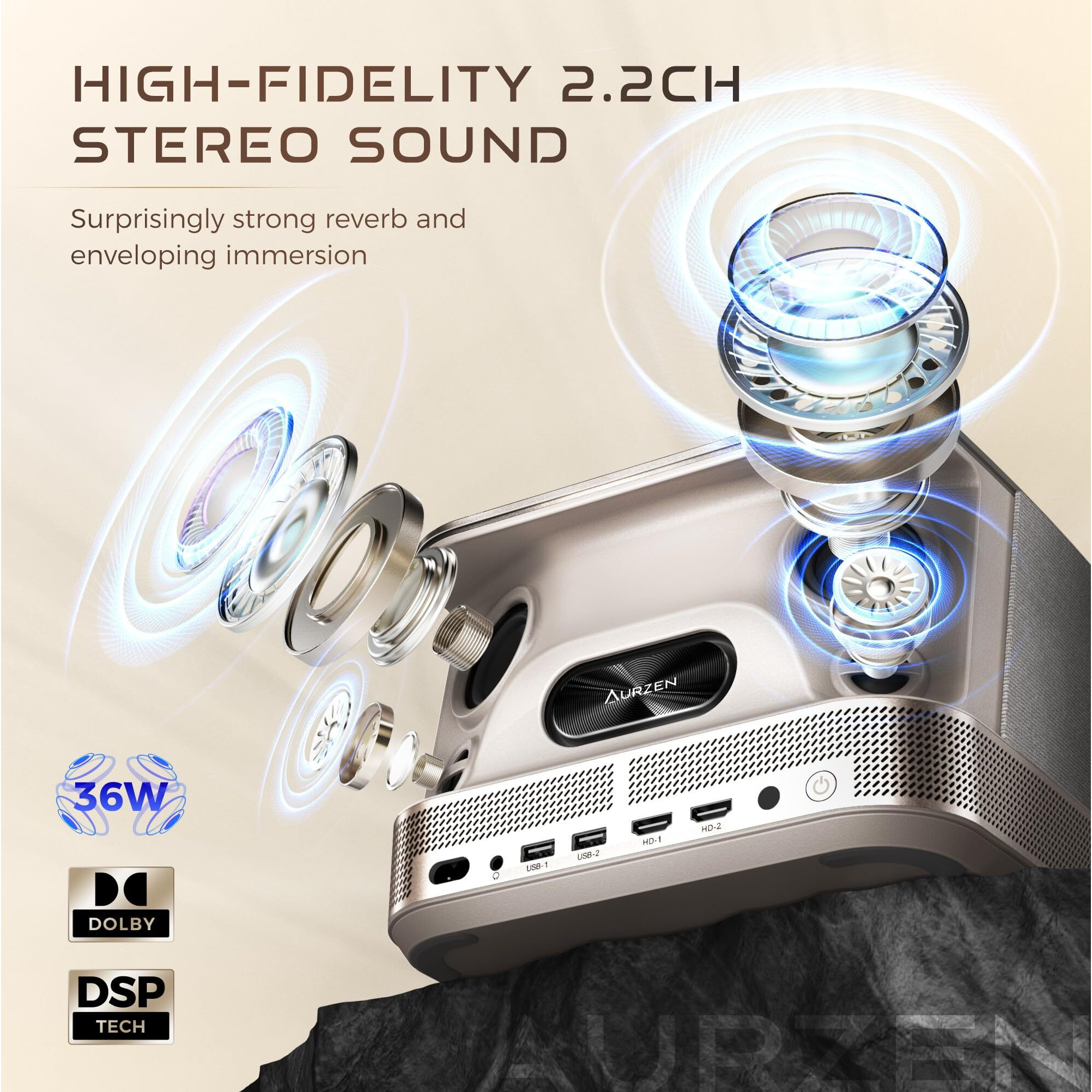 Aurzen Boom 3 3-In-1 Smart 4K Projector With Wifi And Bluetooth  3D Doiby Audio & 36W Speakers  Auto Focus & Keystone  Netflix Official 4K Supported 500 Ansi Home Outdoor Proyector Gold