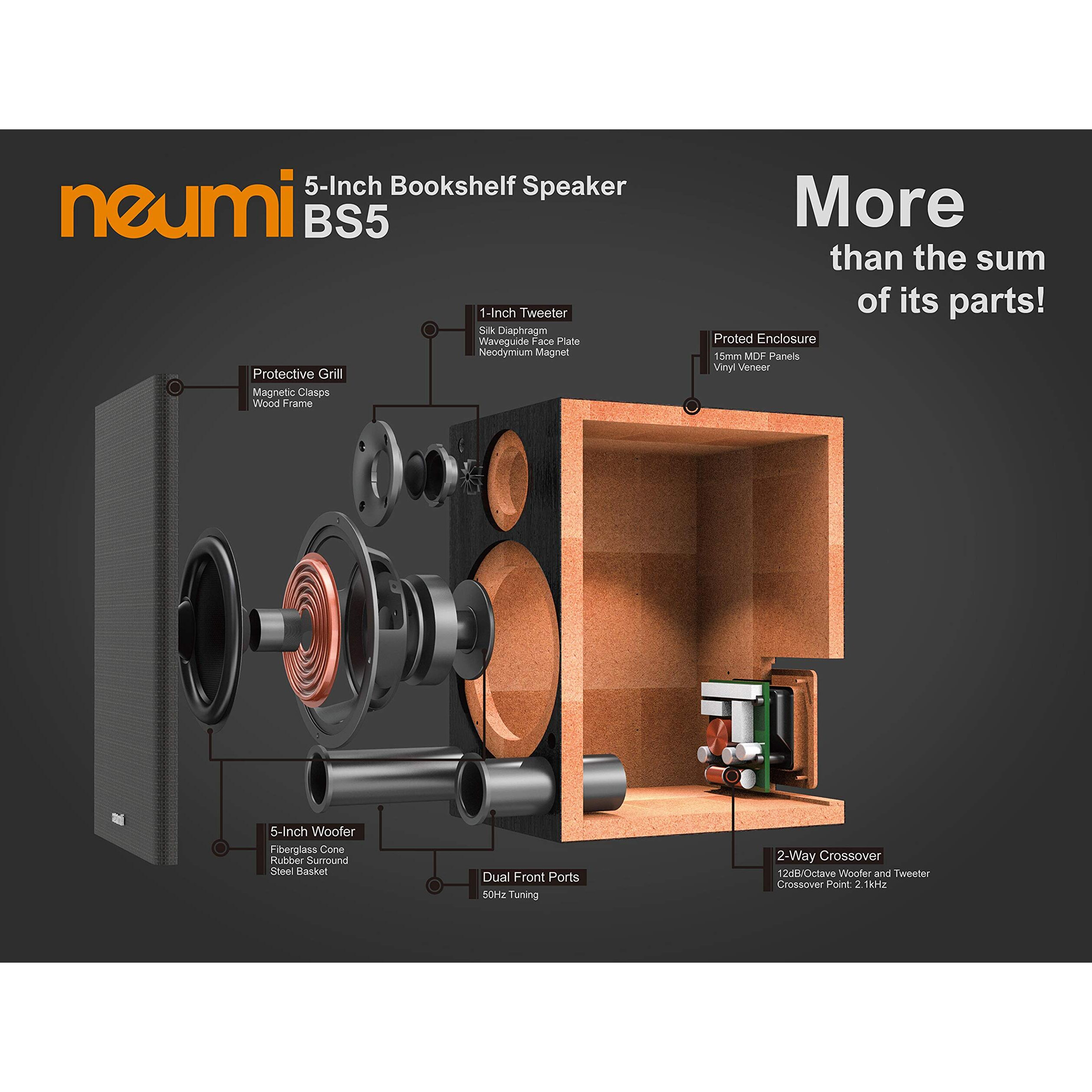 Neumi Bs5 Passive Bookshelf Speakers  5-Inch Woofer  1-Inch Tweeter  Dark Wood  1 Pair