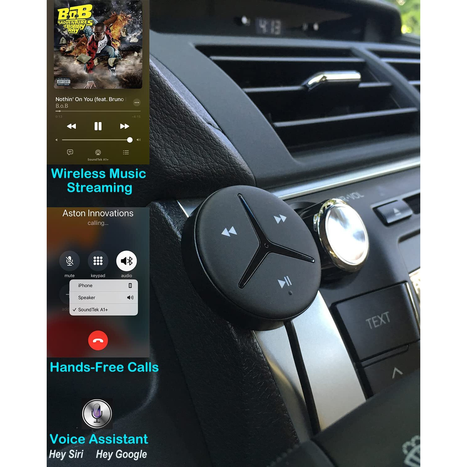 Aston Innovations Soundtek A1+ Bluetooth Car Kit With Aac For Music Streaming Handsfree Calls Aux Bluetooth Adapter For Car/Home Stereo Built-In Noise Isolator & Mic Auto On/Off Auto Connect