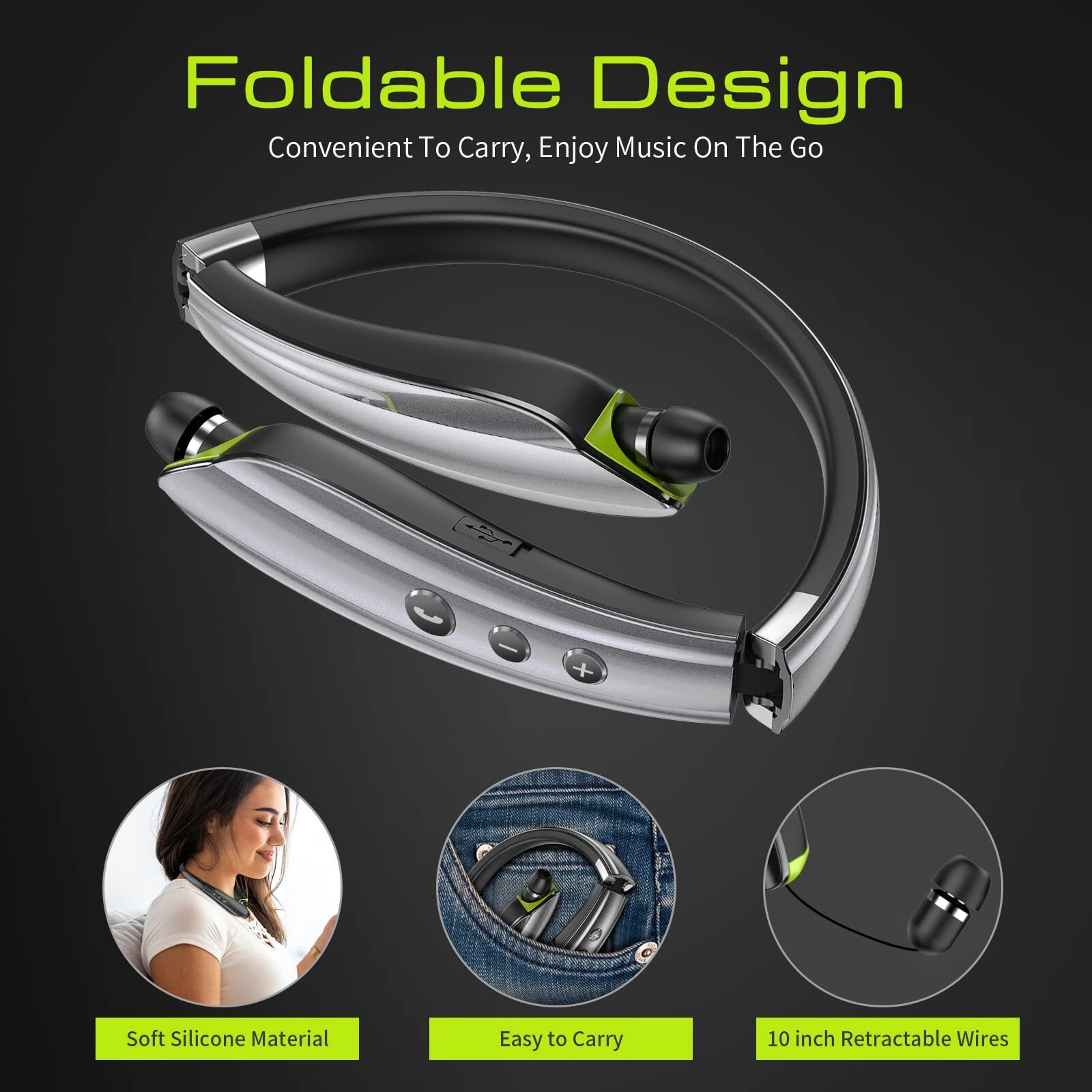 Bluetooth Headset  2024 Upgraded Neckband Bluetooth Headphones With Retractable Earbuds  Noise Cancelling Stereo Earphones With Mic  Foldable Wireless Headphones For Sports Office With Carry Case