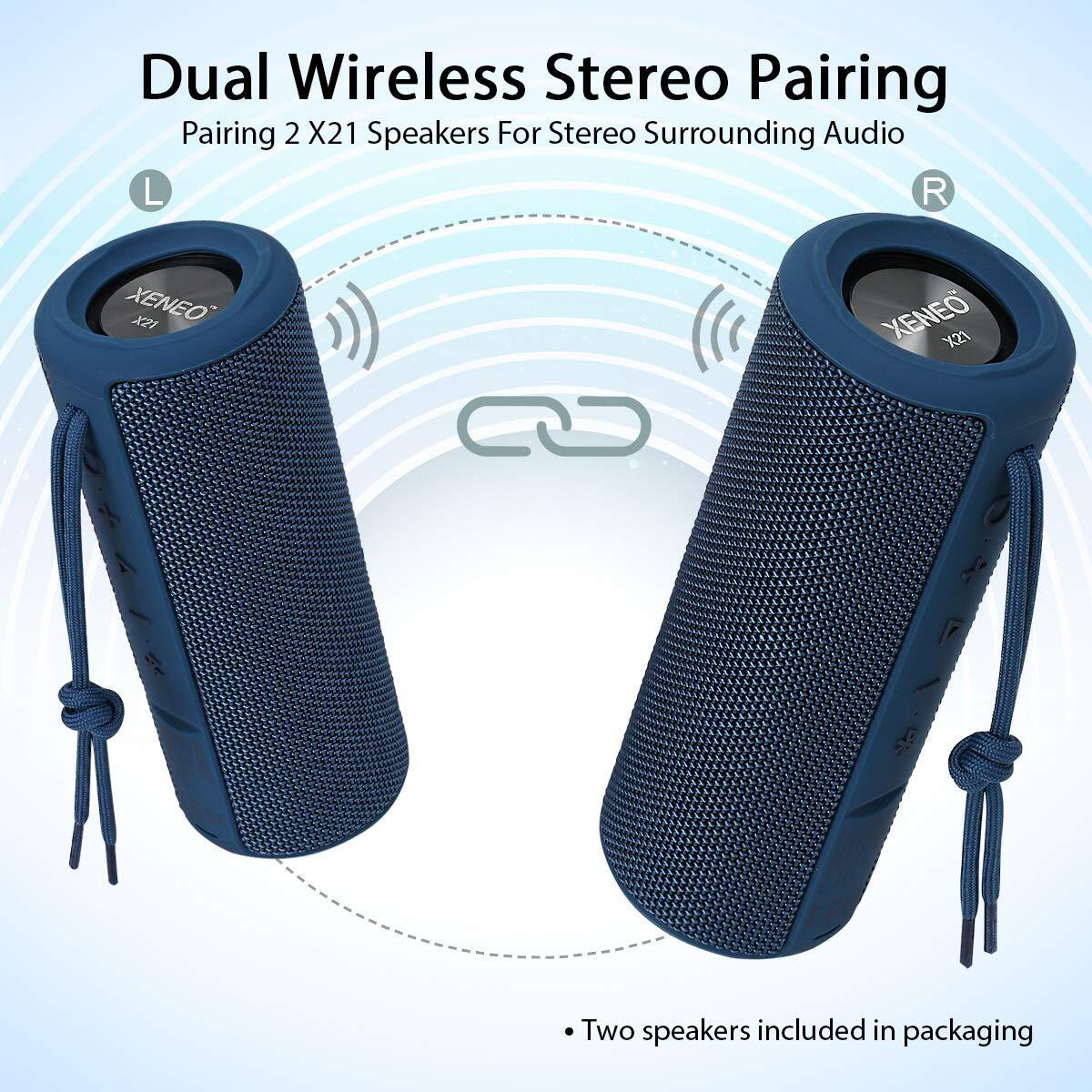 Xeneo X21 Dual Portable Bluetooth Wireless Speakers Waterproof For Booming Stereo With Fm Radio  Micro Sd Card  Ipx6  30W For Outdoor  Home  Office  Party And Travel (Pack 2 Blue)