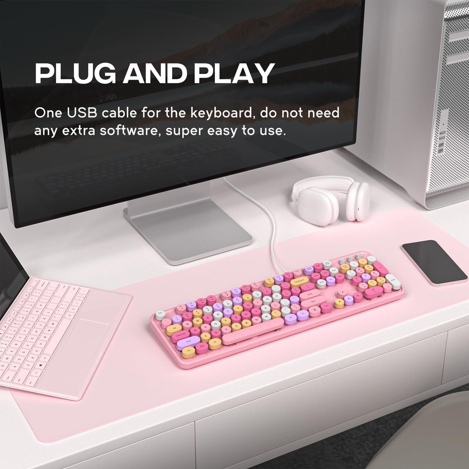 Mowux Computer Keyboard Wired  Plug And Play Usb Retro Round Typewriter Keyboard  Full Size Wired Keyboard With Foldable Stands For Laptop And Office Pc- Pink Colorful