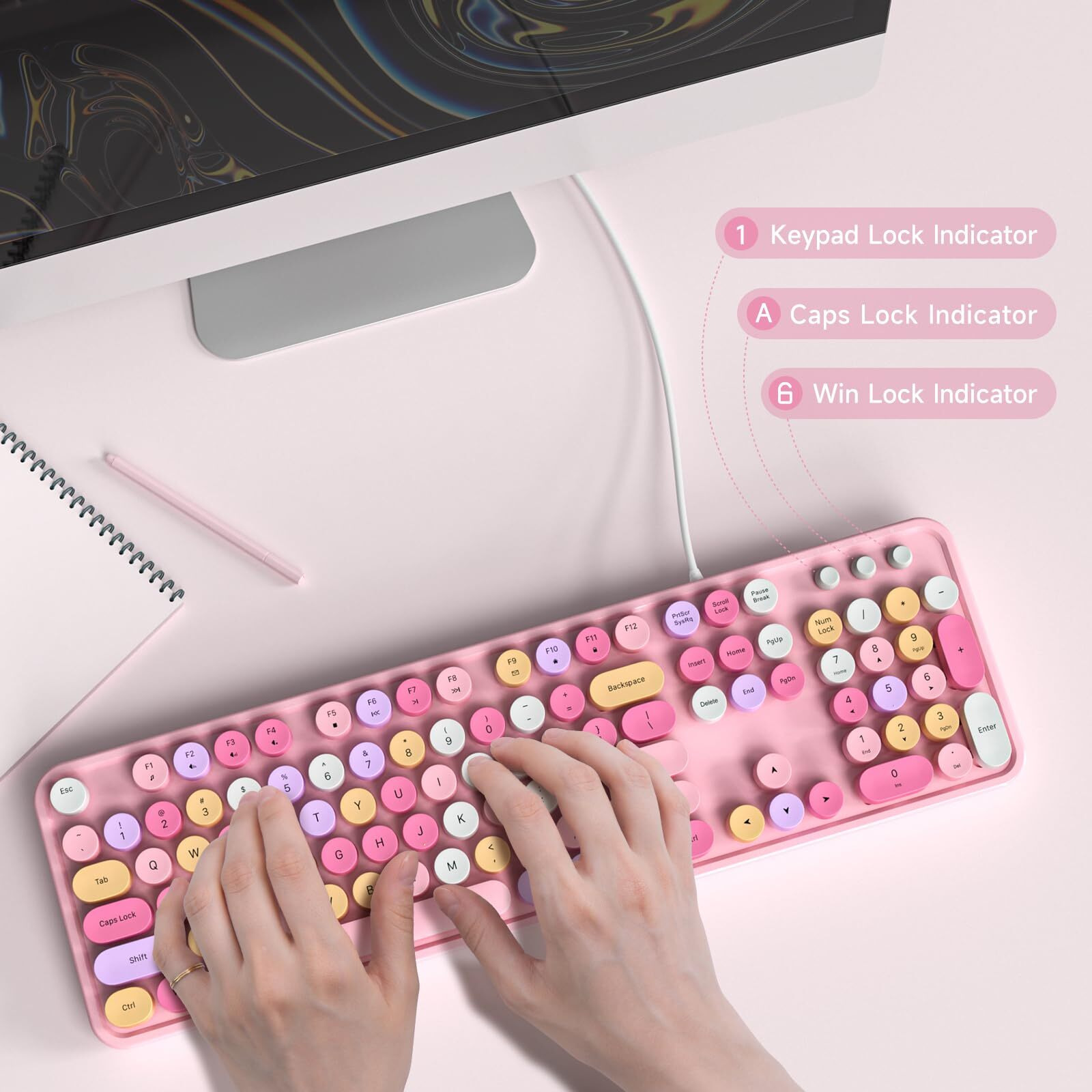 Mowux Computer Keyboard Wired  Plug And Play Usb Retro Round Typewriter Keyboard  Full Size Wired Keyboard With Foldable Stands For Laptop And Office Pc- Pink Colorful