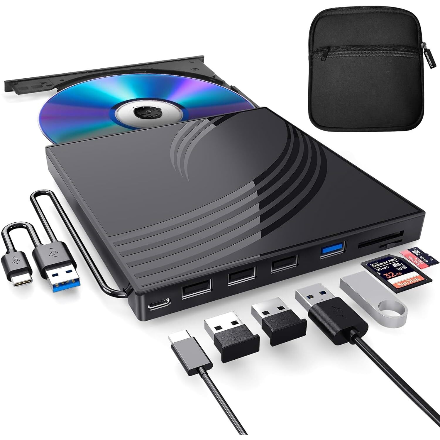 External Cd Dvd+/-Rw Drive With Carrying Case Usb 3.0 Ultra Slim Cd Burner With 4 Usb Ports  2 Tf/Sd Card Slots 1 Type-C Port  Dvd Player For Laptop