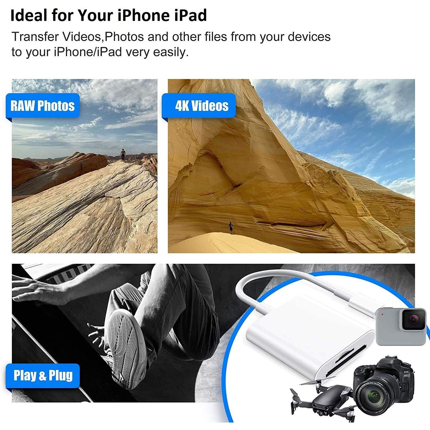 Sd Card Reader For Iphone Ipad  Apple Mfi Certified Iphone Sd/Micro Sd Card Reader Adapter Cable With Dual Slots For Slr Cameras  Trail Game Camera Viewer  Memory Card Reader For Iphone  Plug And Play