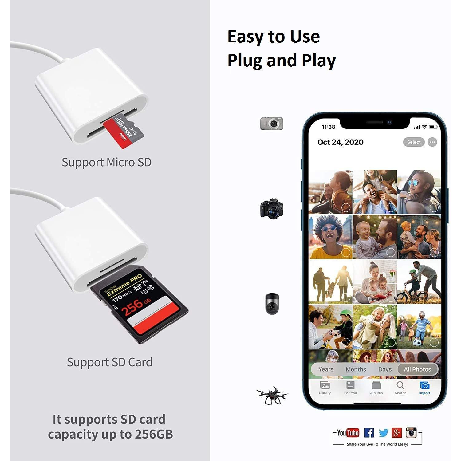 Sd Card Reader For Iphone Ipad  Apple Mfi Certified Iphone Sd/Micro Sd Card Reader Adapter Cable With Dual Slots For Slr Cameras  Trail Game Camera Viewer  Memory Card Reader For Iphone  Plug And Play