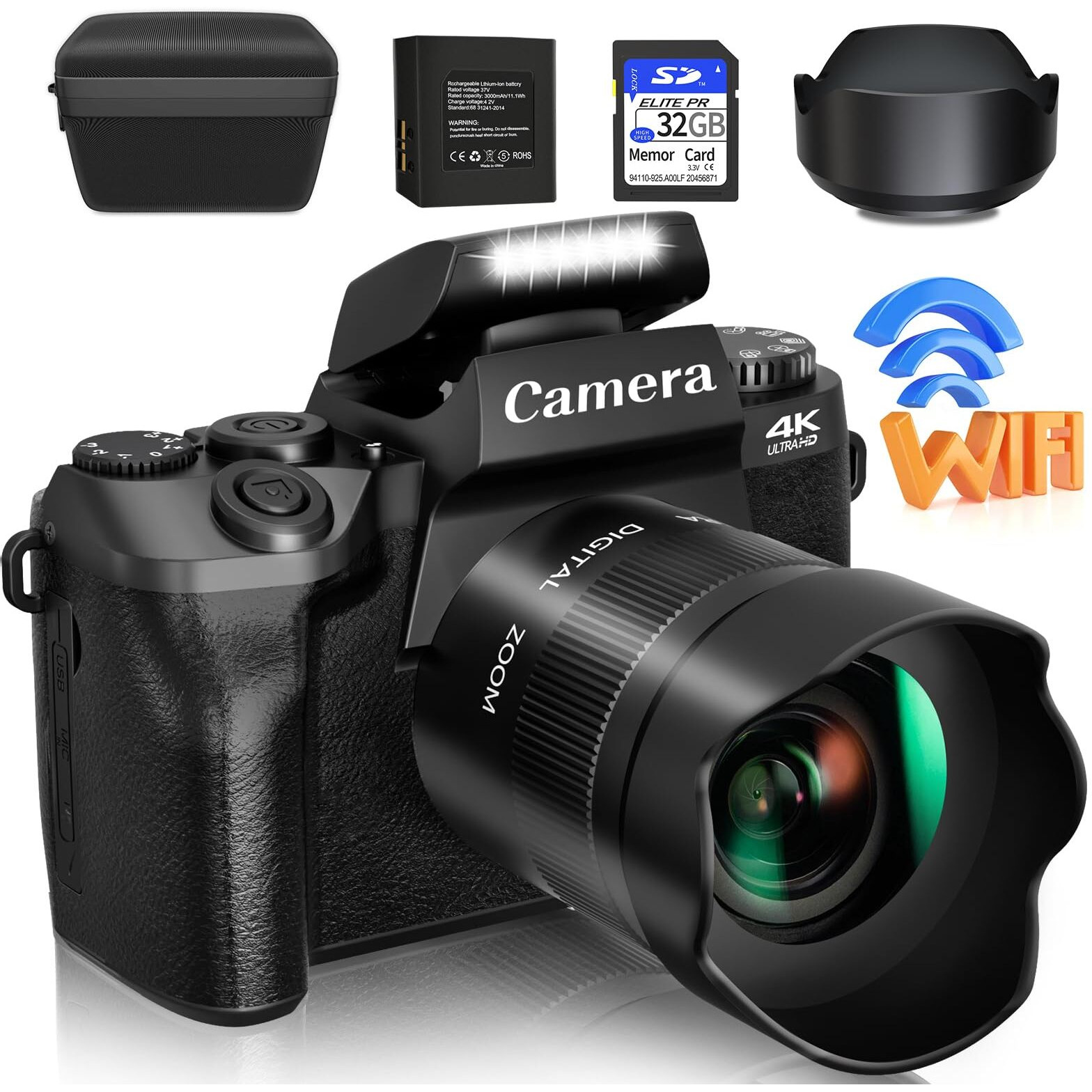 Saneen Digital Camera  4K Cameras For Photography & Video  64Mp Wifi Touch Screen Vlogging Camera For Youtube With Flash  32Gb Sd Card  Lens Hood  3000Mah Battery  Front And Rear Cameras - Black