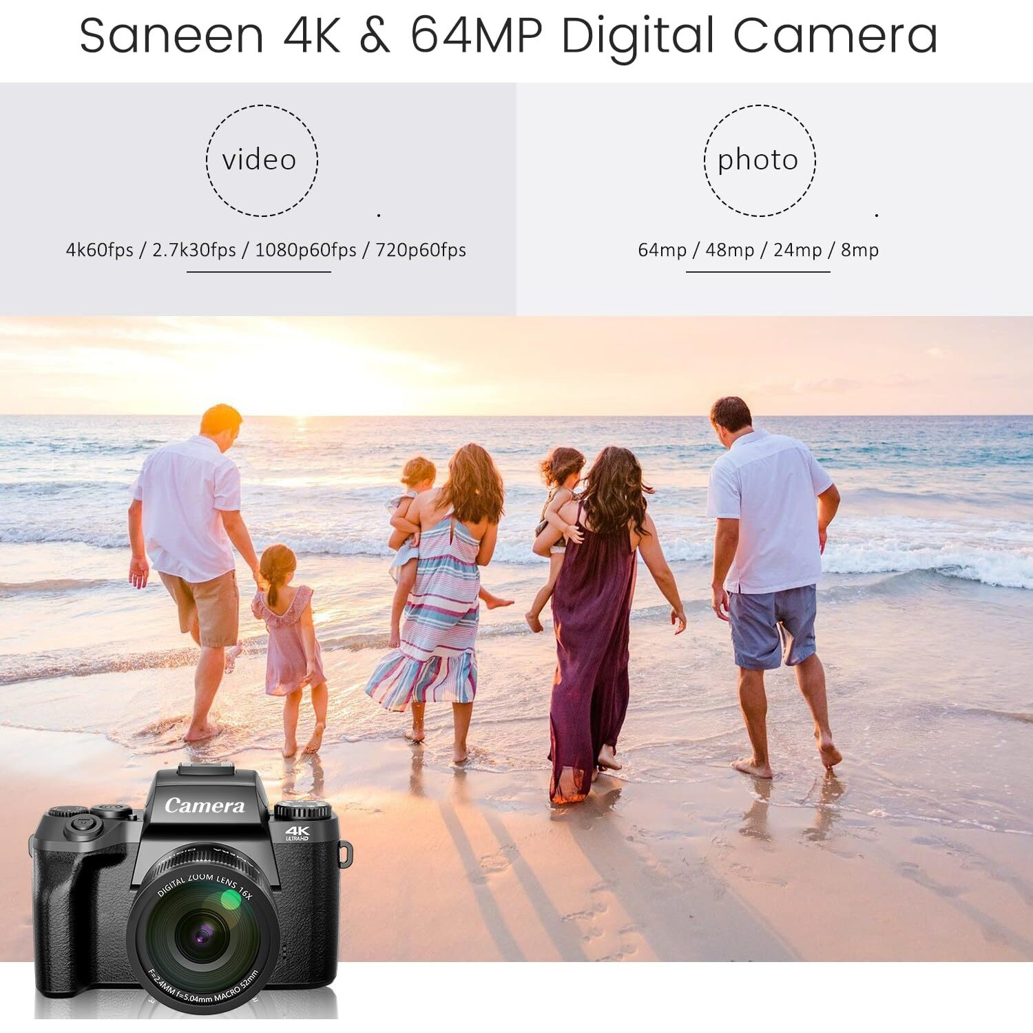 Saneen Digital Camera  4K Cameras For Photography & Video  64Mp Wifi Touch Screen Vlogging Camera For Youtube With Flash  32Gb Sd Card  Lens Hood  3000Mah Battery  Front And Rear Cameras - Black
