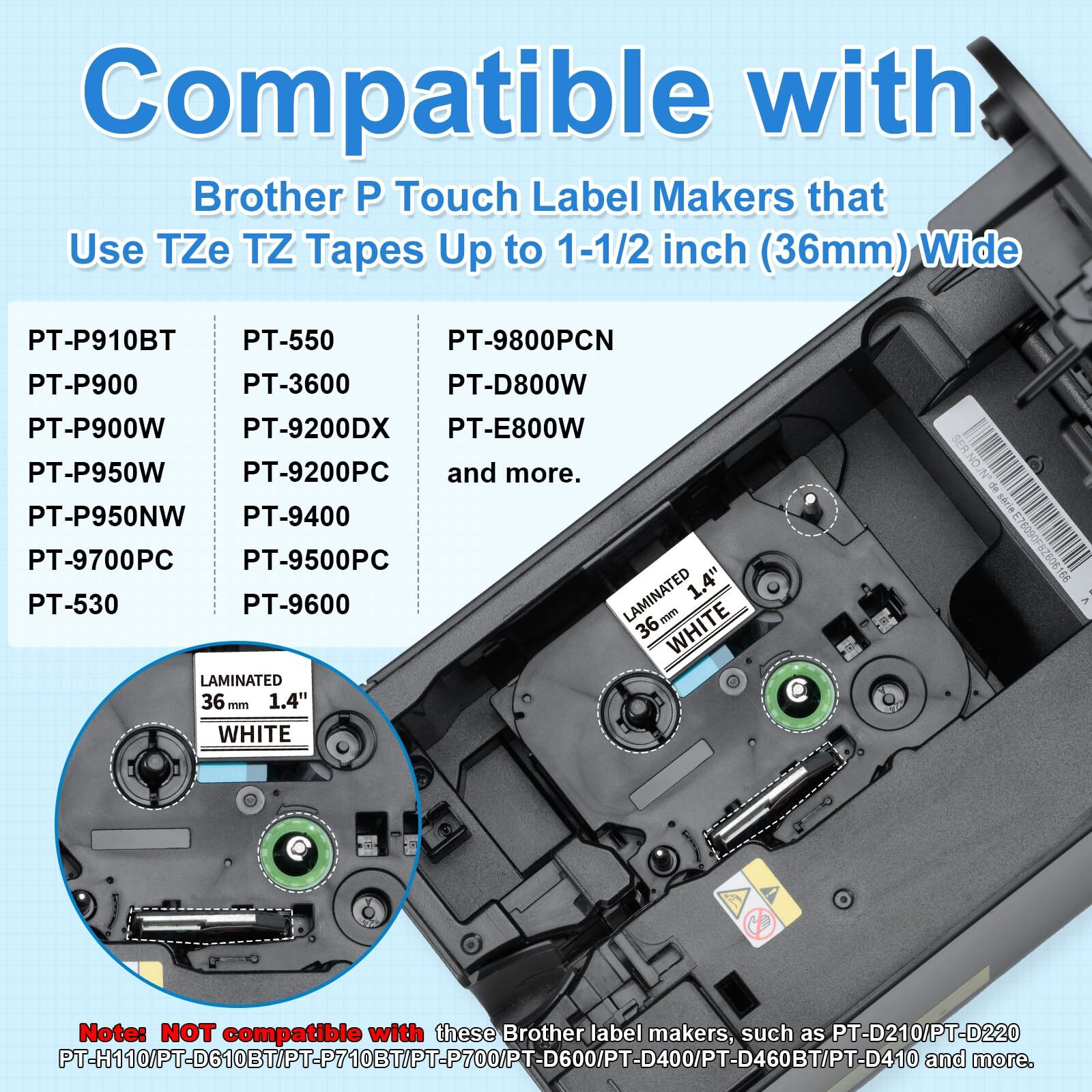 Labelife 36Mm Label Tape Tze-261 Replacement For Brother P Touch Tze Tz Tape 36Mm 1.4 Inch Laminated White Tze261 Tz-261 For Brother Ptouch Pt-P910Bt Pt-P900W Pt-P950W Pt-530 Pt550 Label Maker  4-Pack