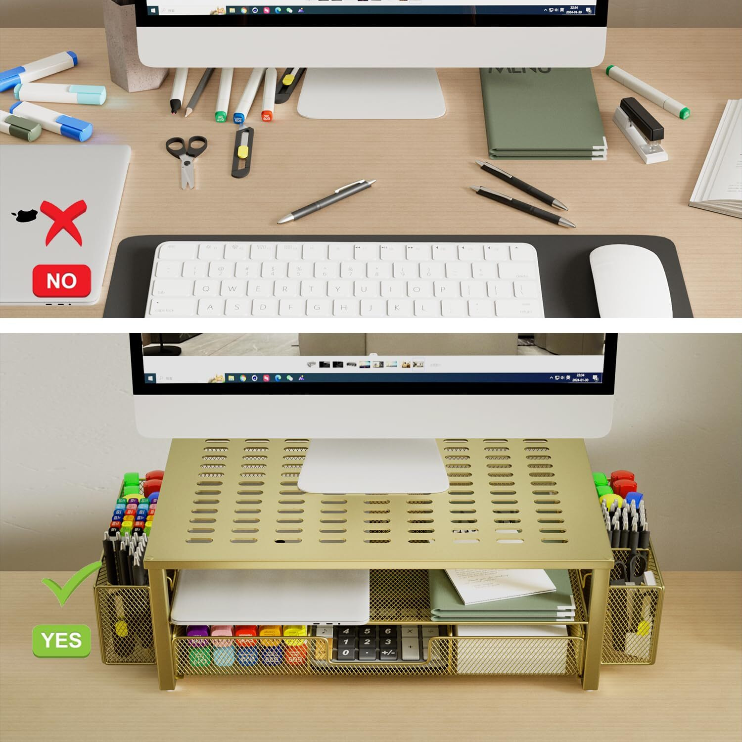 Gianotter Monitor Stand With Drawer And Pen Holder  Desk Organizers And Accessories  2-Tier Monitor Riser  Ideal For Office Supplies Desk Accessories(Gold)