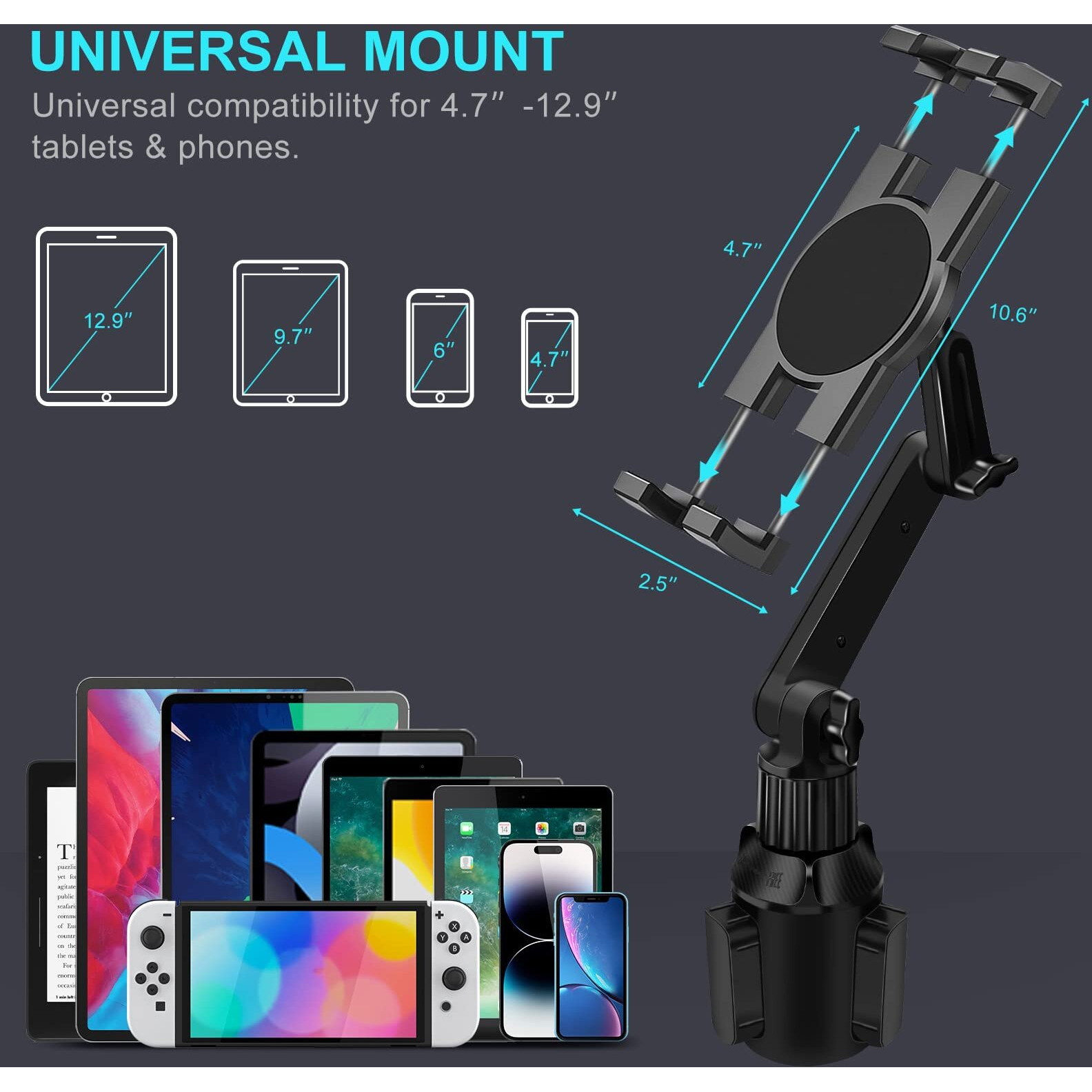 Cup Holder Car Tablet Mount For Truck  360 Adjustable 15"" Long 2-Arm Stand Holder For Ipad Pro 12.9/11/10.5/9.7/Air/Mini 6/5/4  Samsung Galaxy Tab/Z Fold 4/3  Iphone 15/14/Pro  4.7-12.9"" Tab &Phone