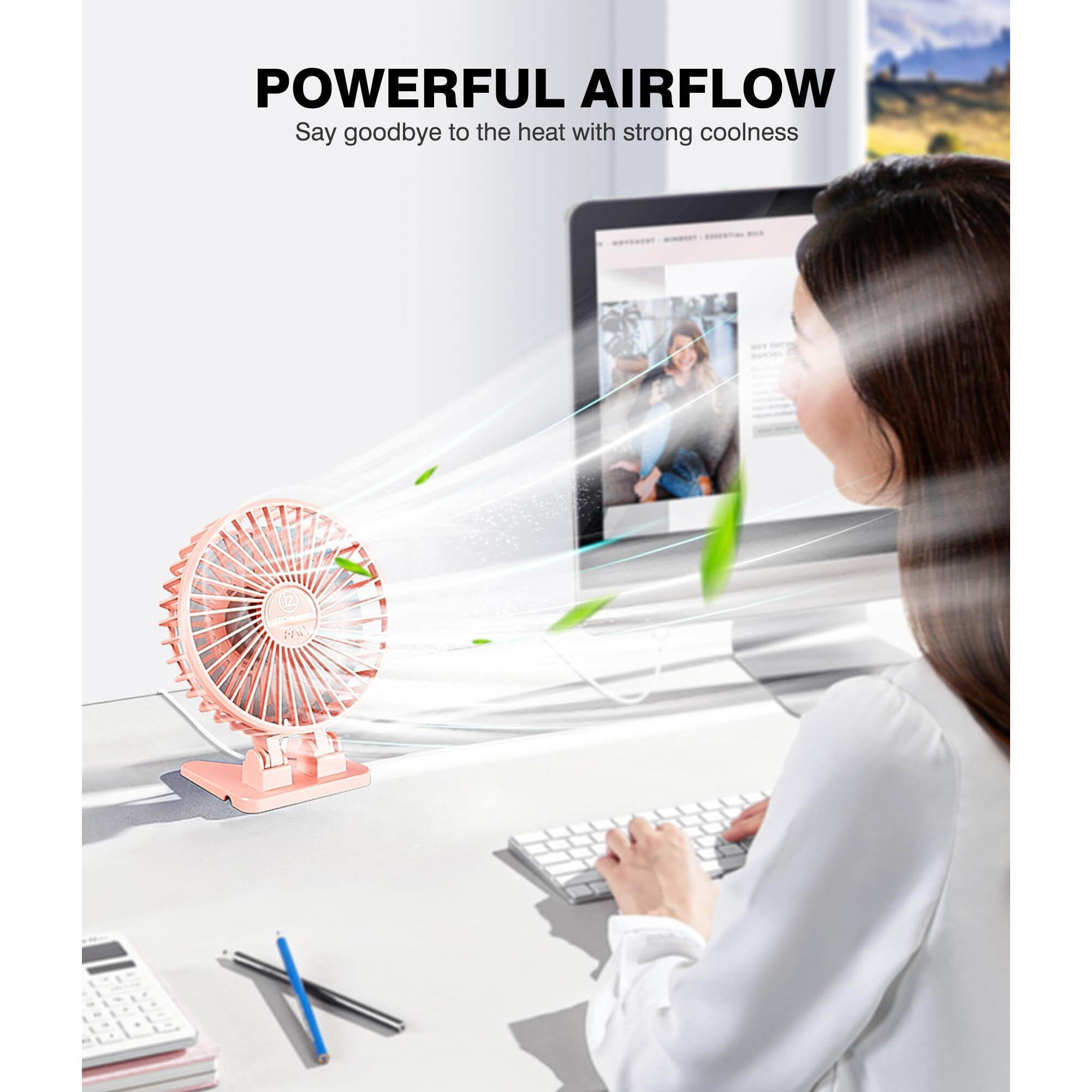 Jzcreater Usb Desk Fan  Mini Fan Portable  3 Speeds Desktop Table Cooling Fan  Plug In Power Fan  Rotation Strong Wind  Quiet Personal Small Fan For Home Desktop Office Travel Bedroom  Pink