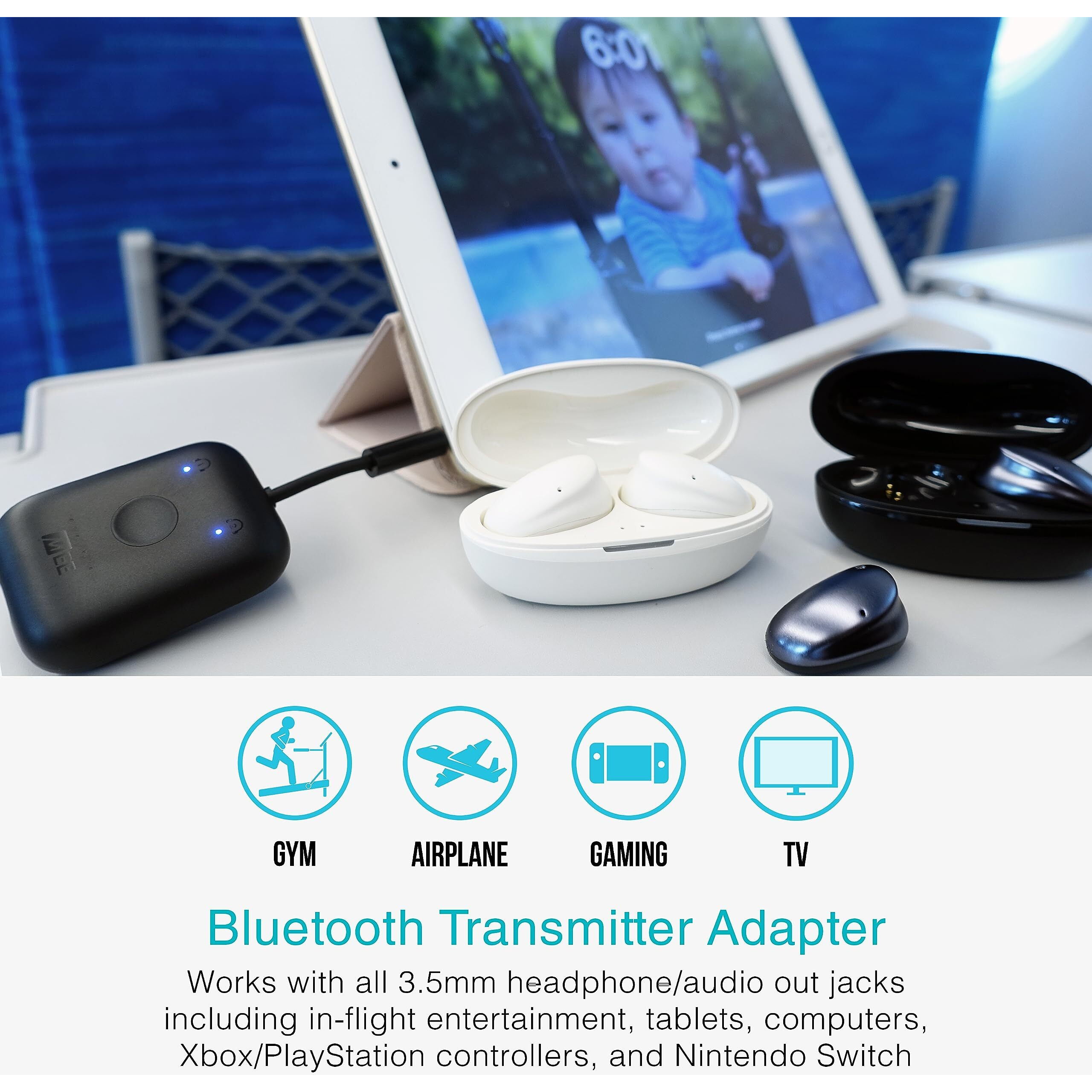 Mee Audio Connect Air In-Flight Bluetooth Wireless Audio Transmitter Adapter For Up To 2 Airpods/Other Headphones Works With All 3.5Mm Aux Jacks On Airplanes  Gym Equipment  Tvs  & Gaming Consoles