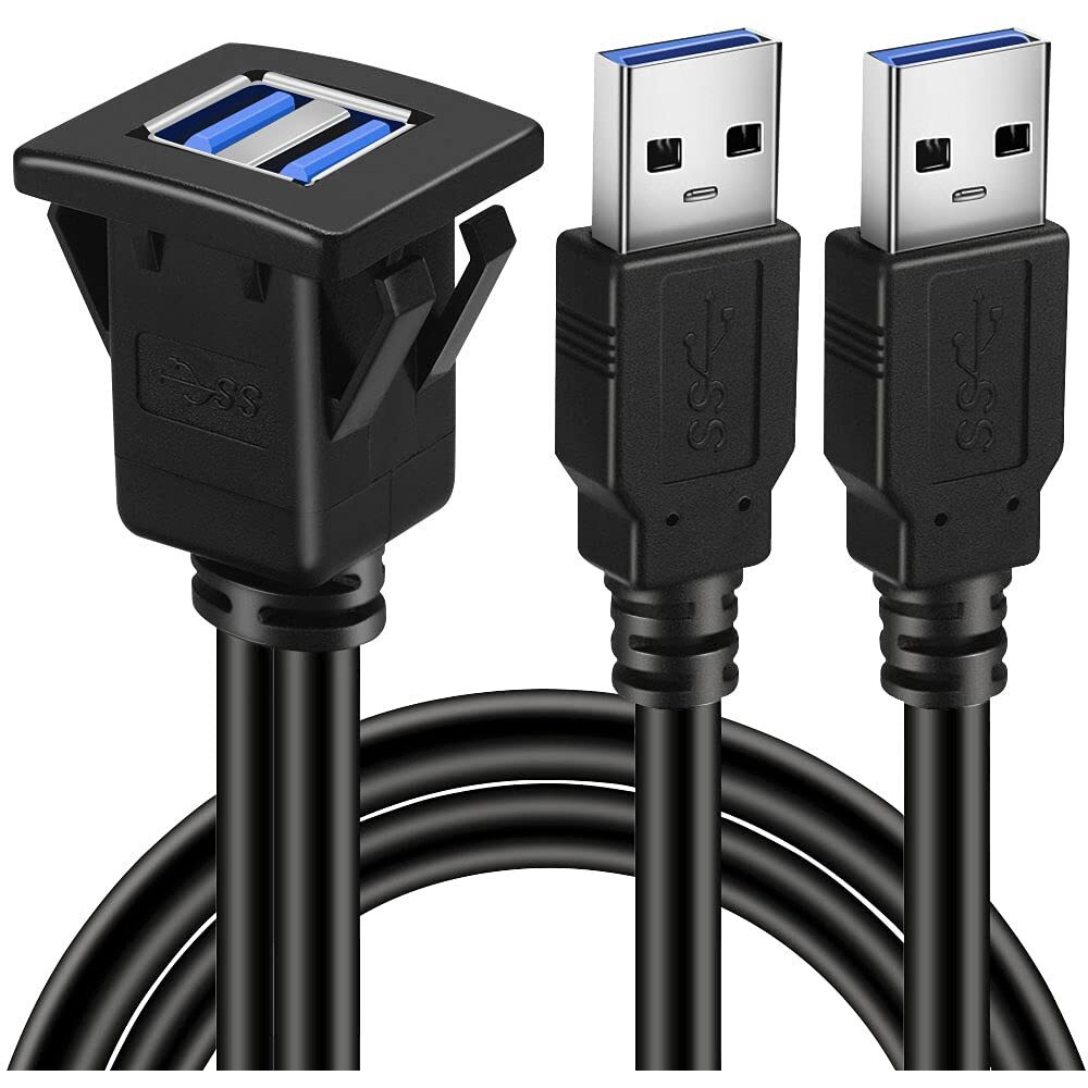 Batige Dual Ports Square Usb 3.0 Panel Flush Mount Extension Cable With Buckle For Car Truck Boat Motorcycle Dashboard 1Ft