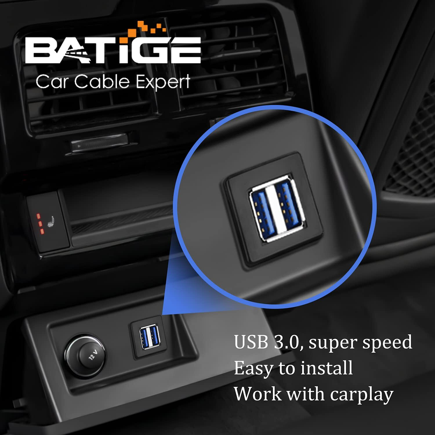 Batige Dual Ports Square Usb 3.0 Panel Flush Mount Extension Cable With Buckle For Car Truck Boat Motorcycle Dashboard 1Ft