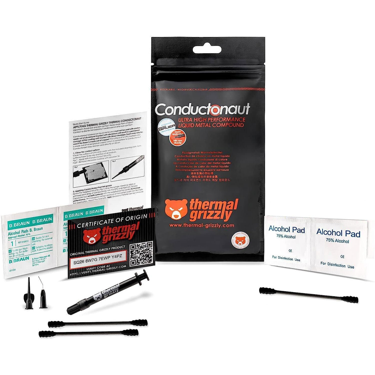 Thermal Grizzly Conductonaut Thermal Grease - 1Gram Set + Extra Applicators - Liquid Metal Thermal Paste For Cooling The Cpu  Gpu (Conductonaut) (1G Combo)